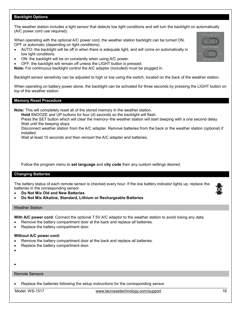 Backlight options, Memory reset procedure, Changing batteries | Weather station, Remote sensors | La Crosse Technology WS-1517U User Manual | Page 16 / 21