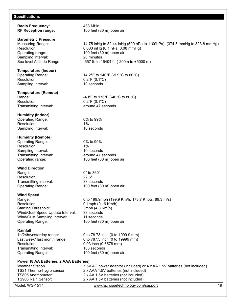 Specifications | La Crosse Technology WS-1517U User Manual | Page 19 / 21