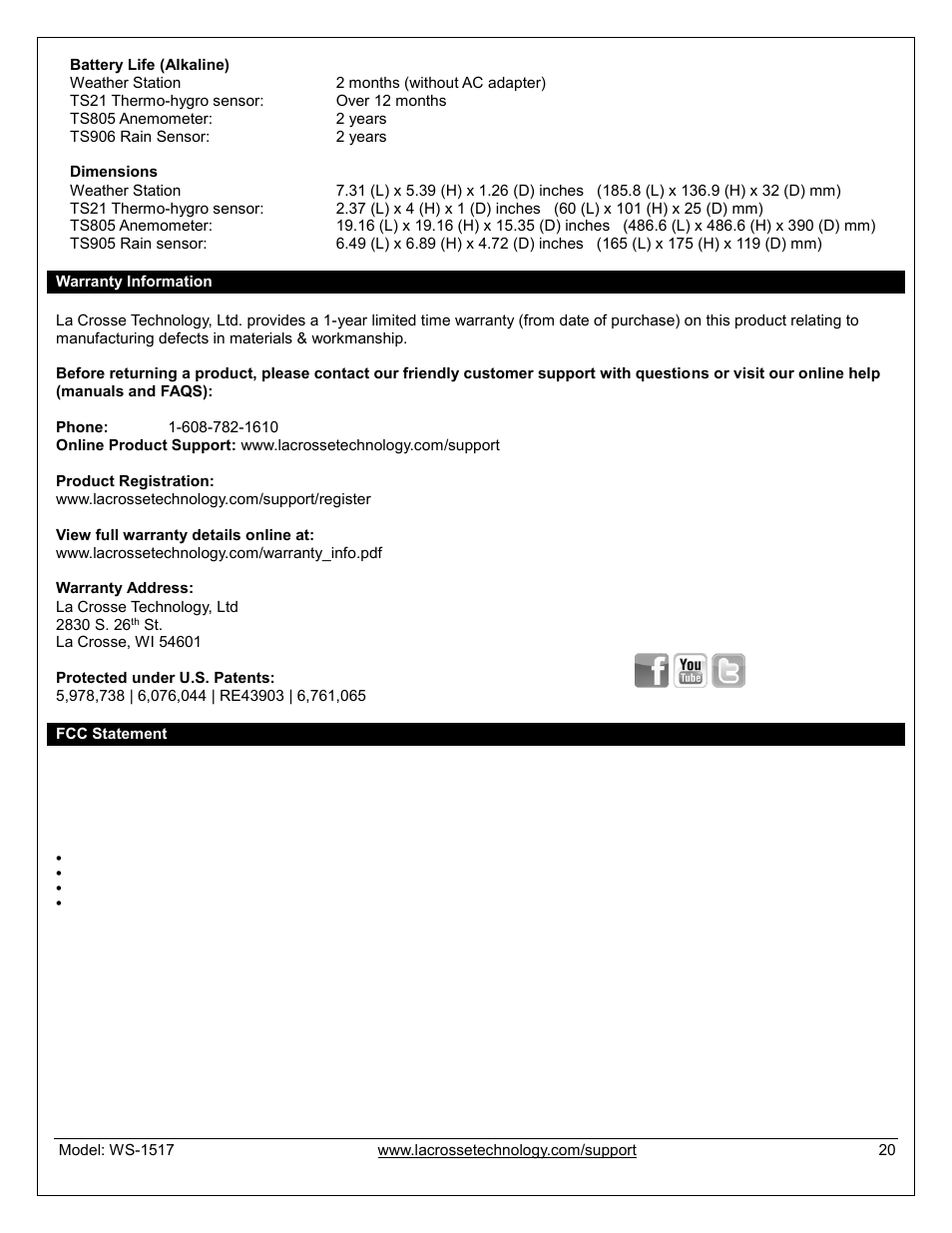 Warranty information, Fcc statement | La Crosse Technology WS-1517U User Manual | Page 20 / 21