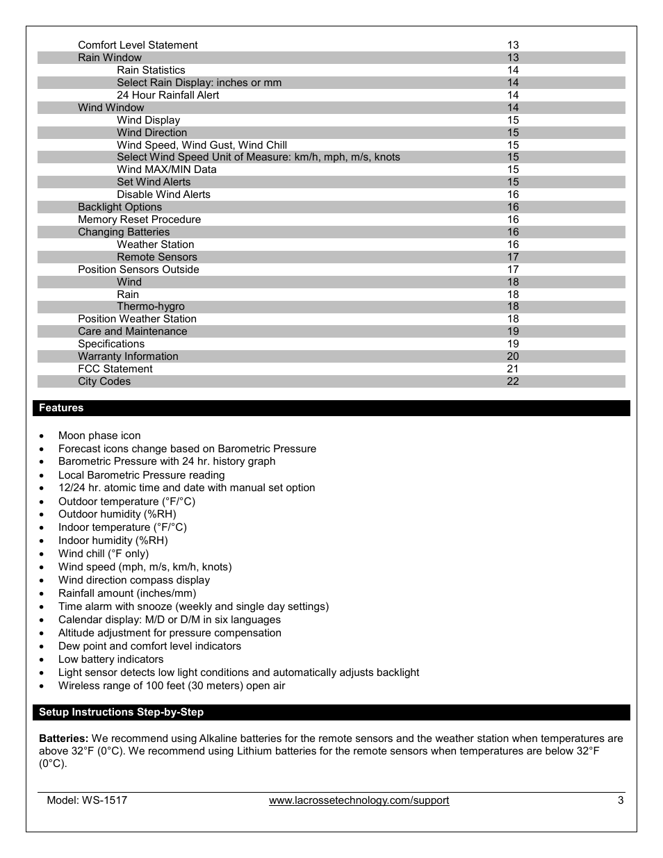 Features, Setup instructions step-by-step | La Crosse Technology WS-1517U User Manual | Page 3 / 21