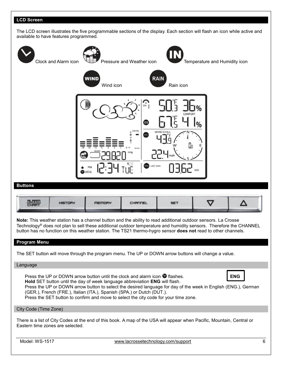 Lcd screen, Buttons, Program menu | Language, City code (time zone) | La Crosse Technology WS-1517U User Manual | Page 6 / 21