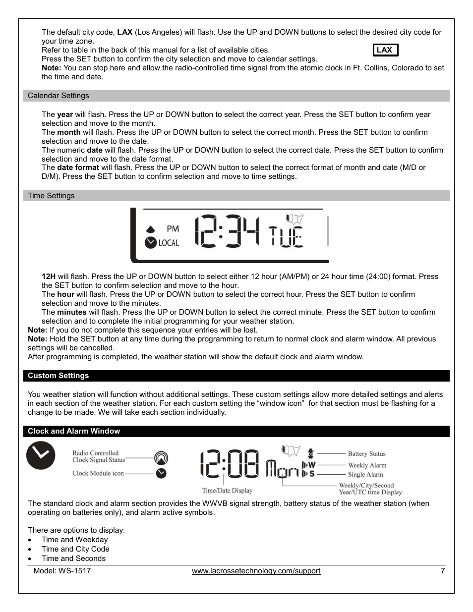 Set calendar, Set time, Custom settings | Clock and alarm window | La Crosse Technology WS-1517U User Manual | Page 7 / 21