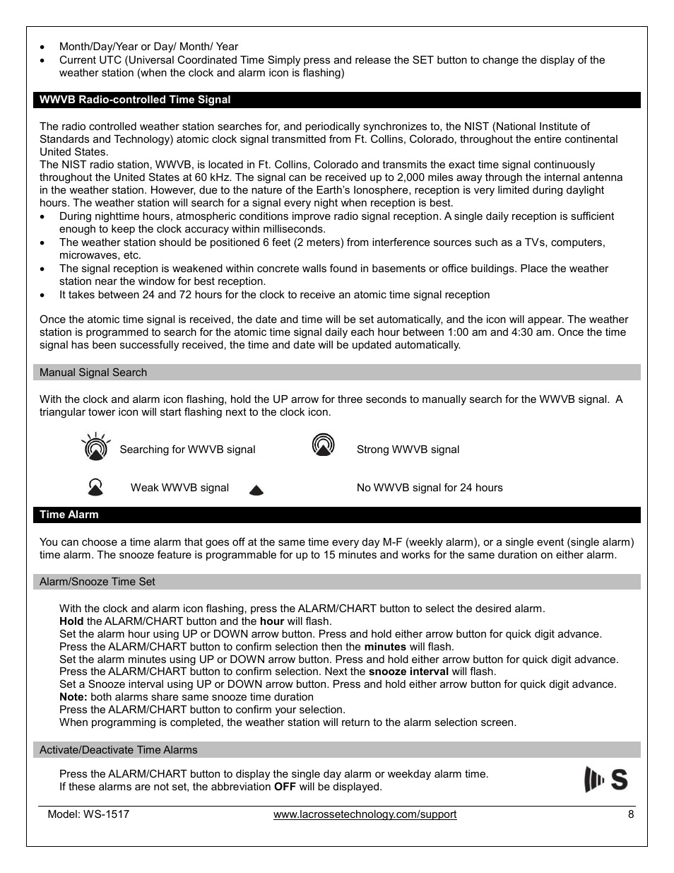 Wwvb radio-controlled time signal, Manual signal search, Time alarm | Alarm/snooze set, Activate/deactivate alarm | La Crosse Technology WS-1517U User Manual | Page 8 / 21