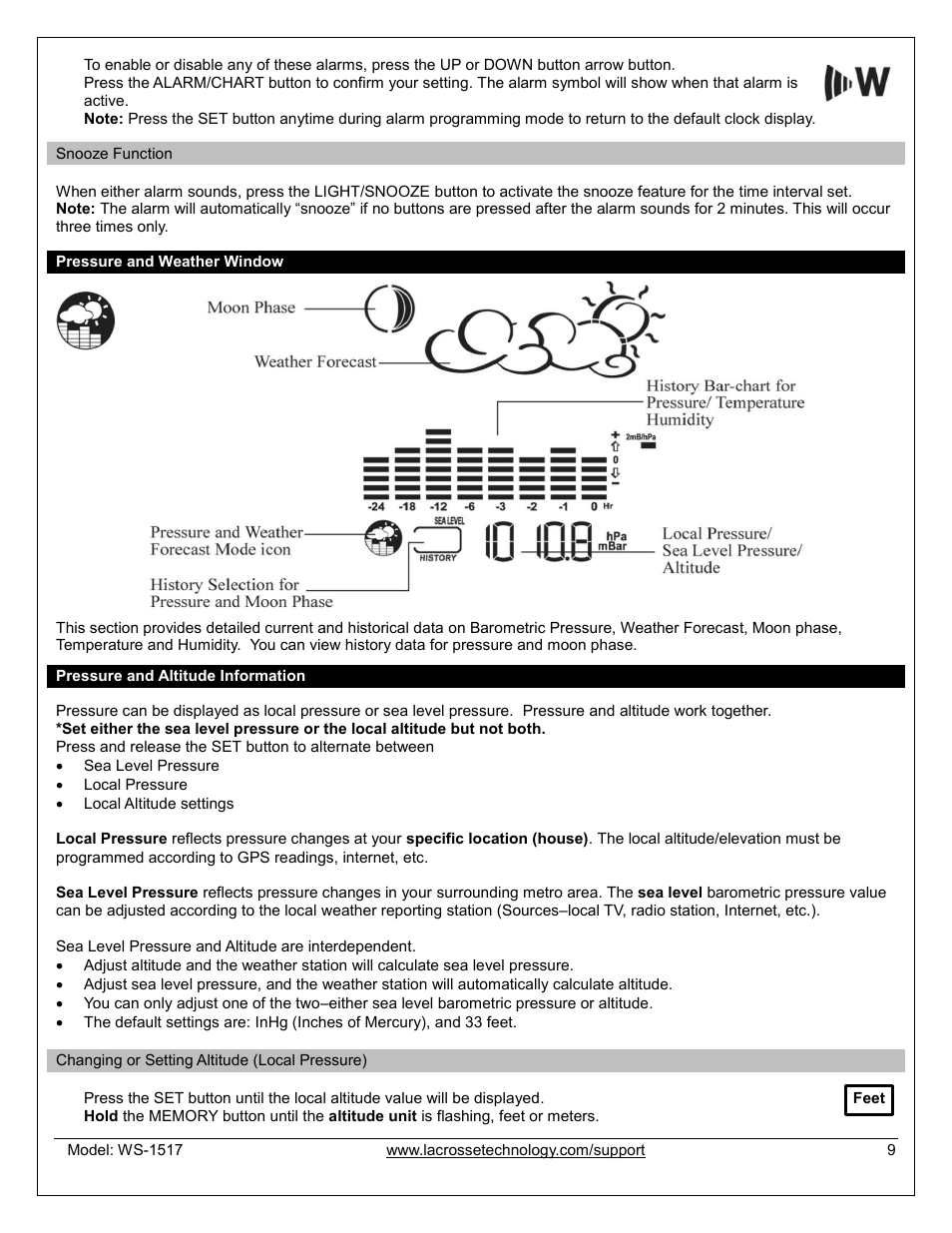 Snooze function, Pressure and weather window, Pressure and altitude information | Local-change or set altitude | La Crosse Technology WS-1517U User Manual | Page 9 / 21