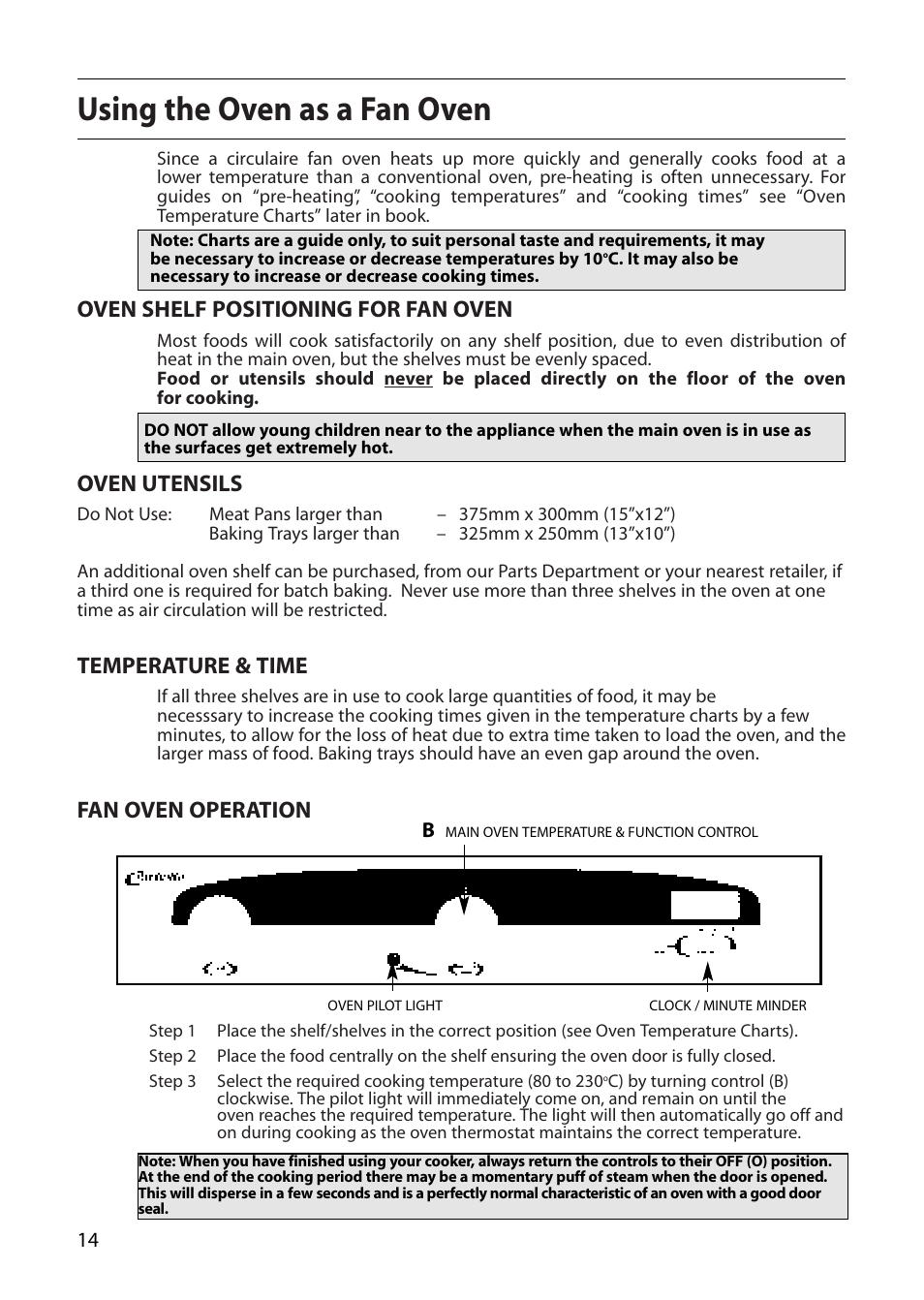 Using the oven as a fan oven, Oven shelf positioning for fan oven, Oven utensils | Temperature & time, Fan oven operation | Creda D130E User Manual | Page 14 / 32