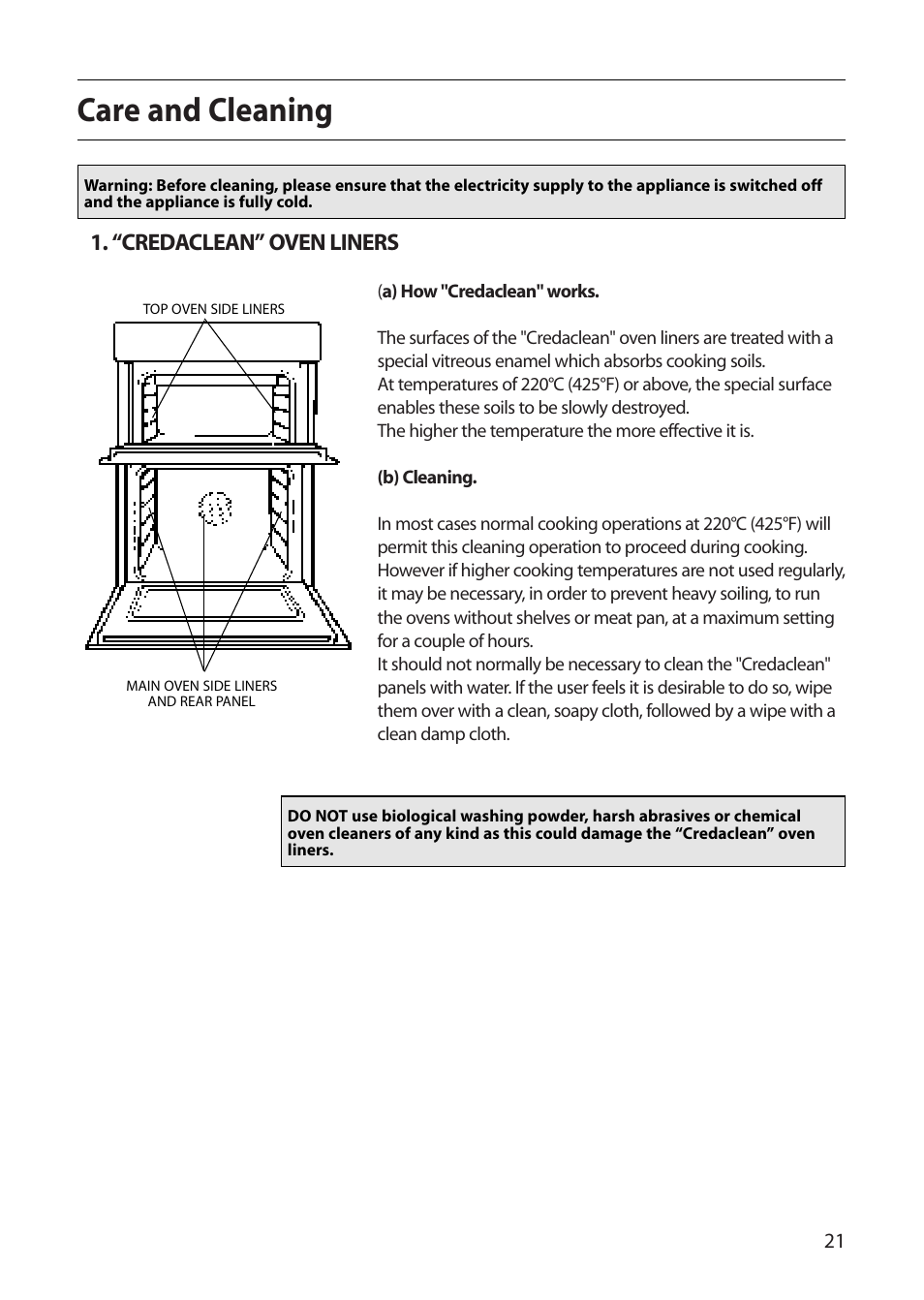 Care and cleaning, “credaclean” oven liners | Creda D130E User Manual | Page 21 / 32