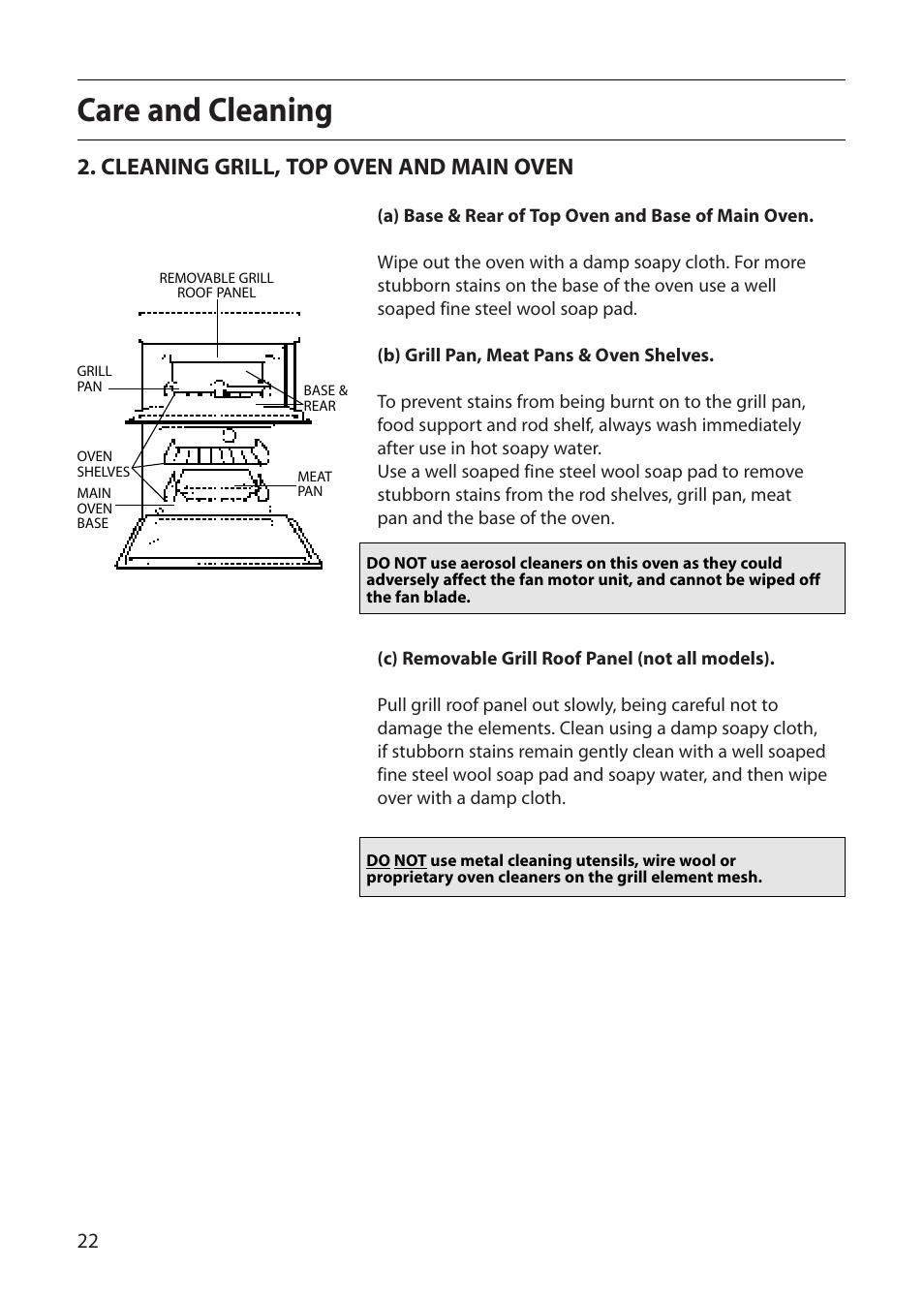 Care and cleaning, Cleaning grill, top oven and main oven | Creda D130E User Manual | Page 22 / 32
