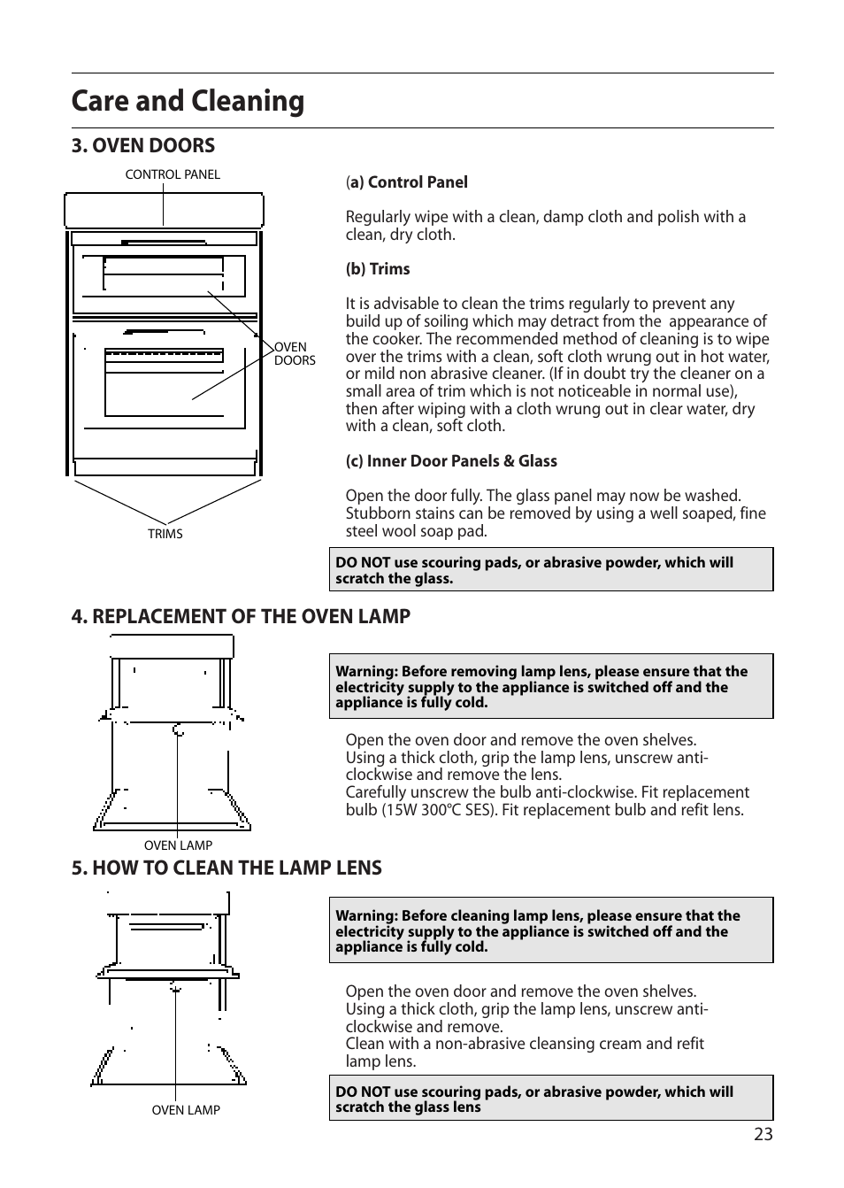 Care and cleaning, Oven doors, Replacement of the oven lamp | How to clean the lamp lens | Creda D130E User Manual | Page 23 / 32