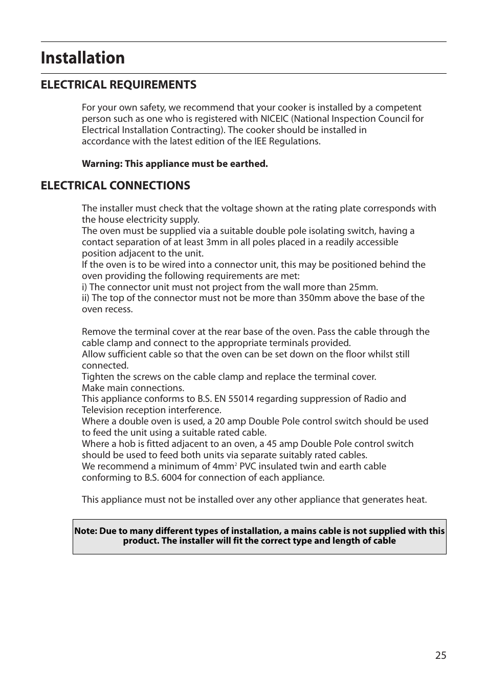 Installation, Electrical requirements, Electrical connections | Creda D130E User Manual | Page 25 / 32