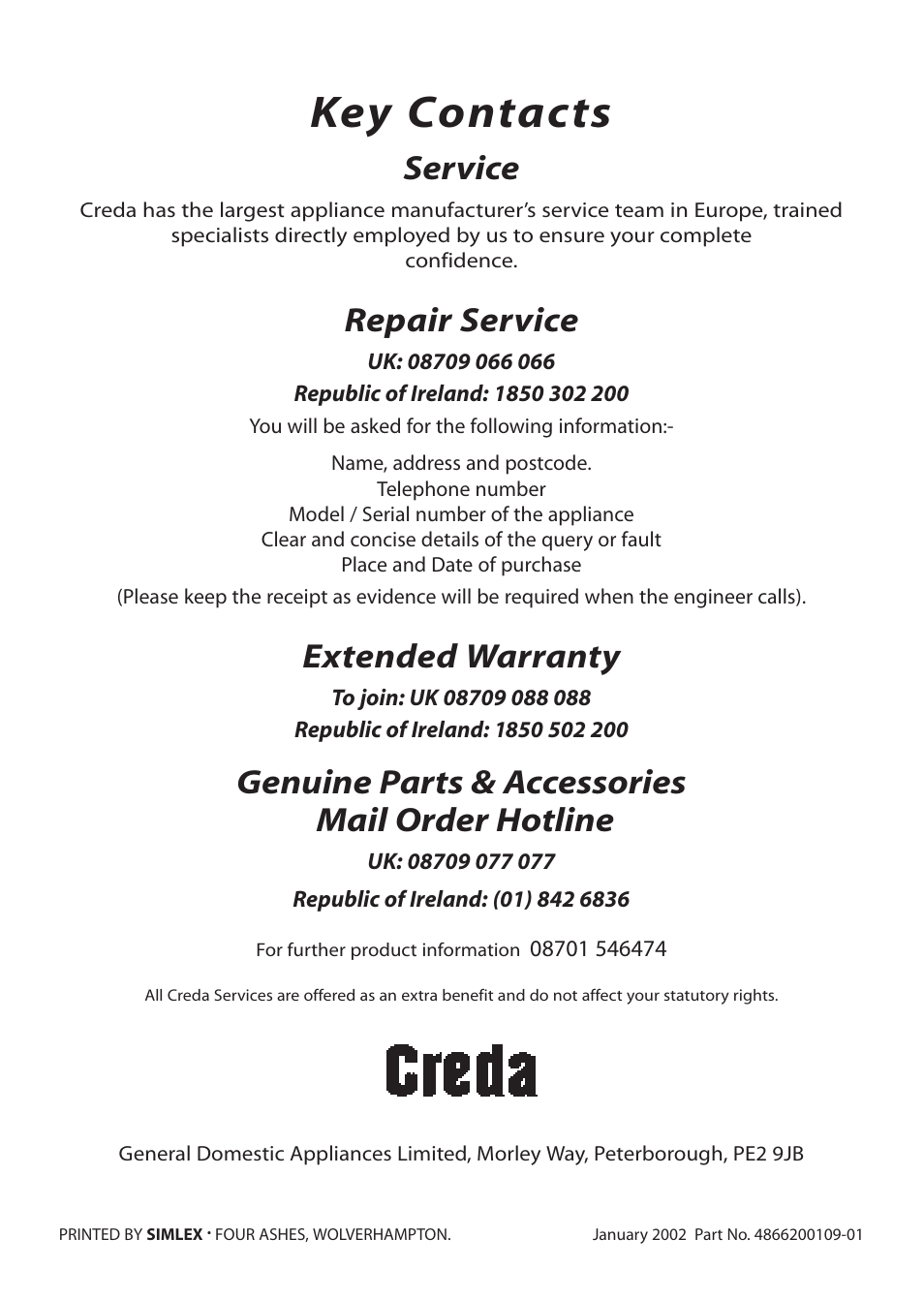 Key contacts, Service, Repair service | Extended warranty, Genuine parts & accessories mail order hotline | Creda D130E User Manual | Page 32 / 32