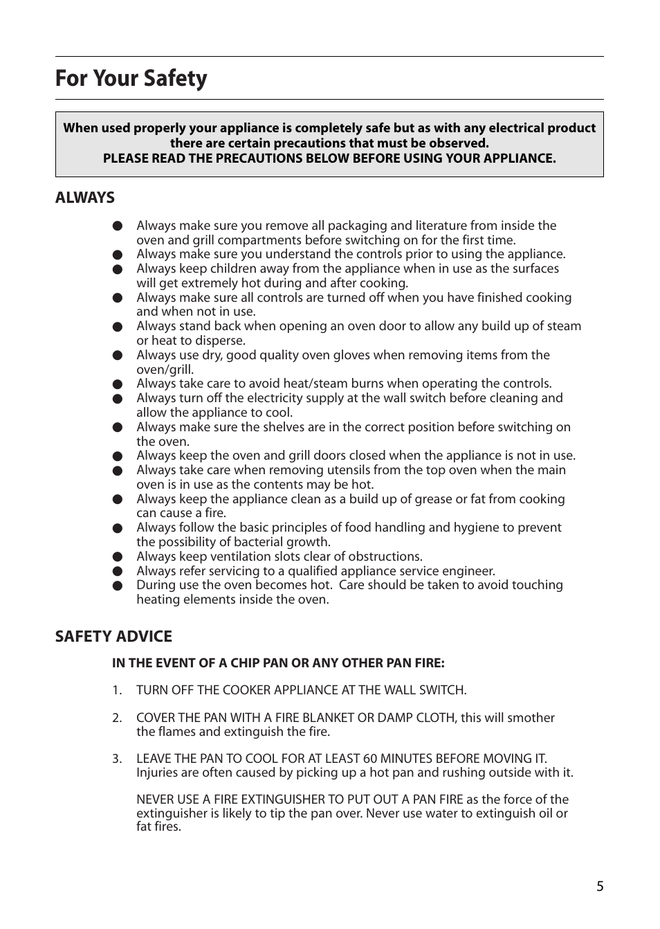 For your safety, Always, Safety advice | Creda D130E User Manual | Page 5 / 32