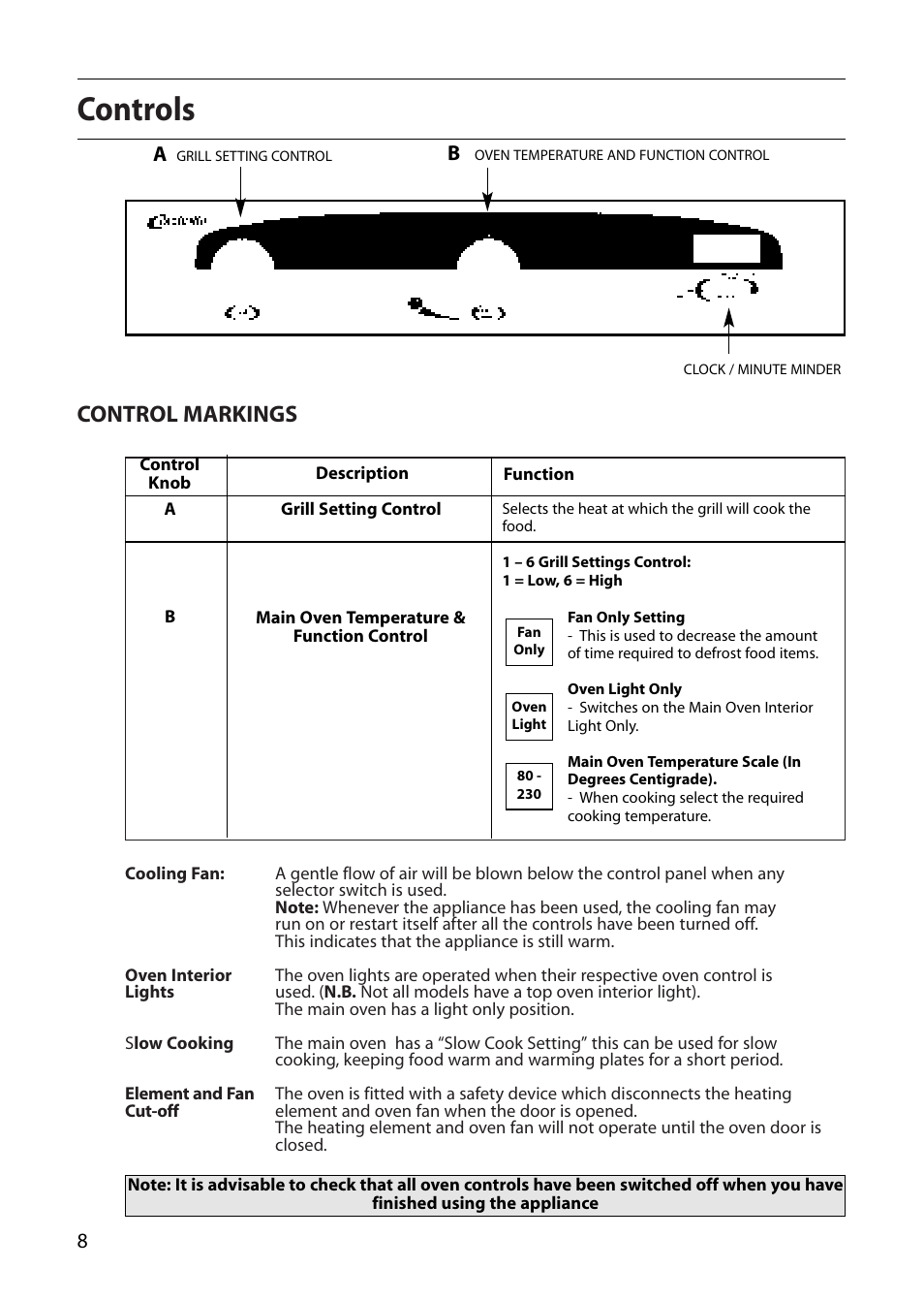 Controls, Control markings | Creda D130E User Manual | Page 8 / 32