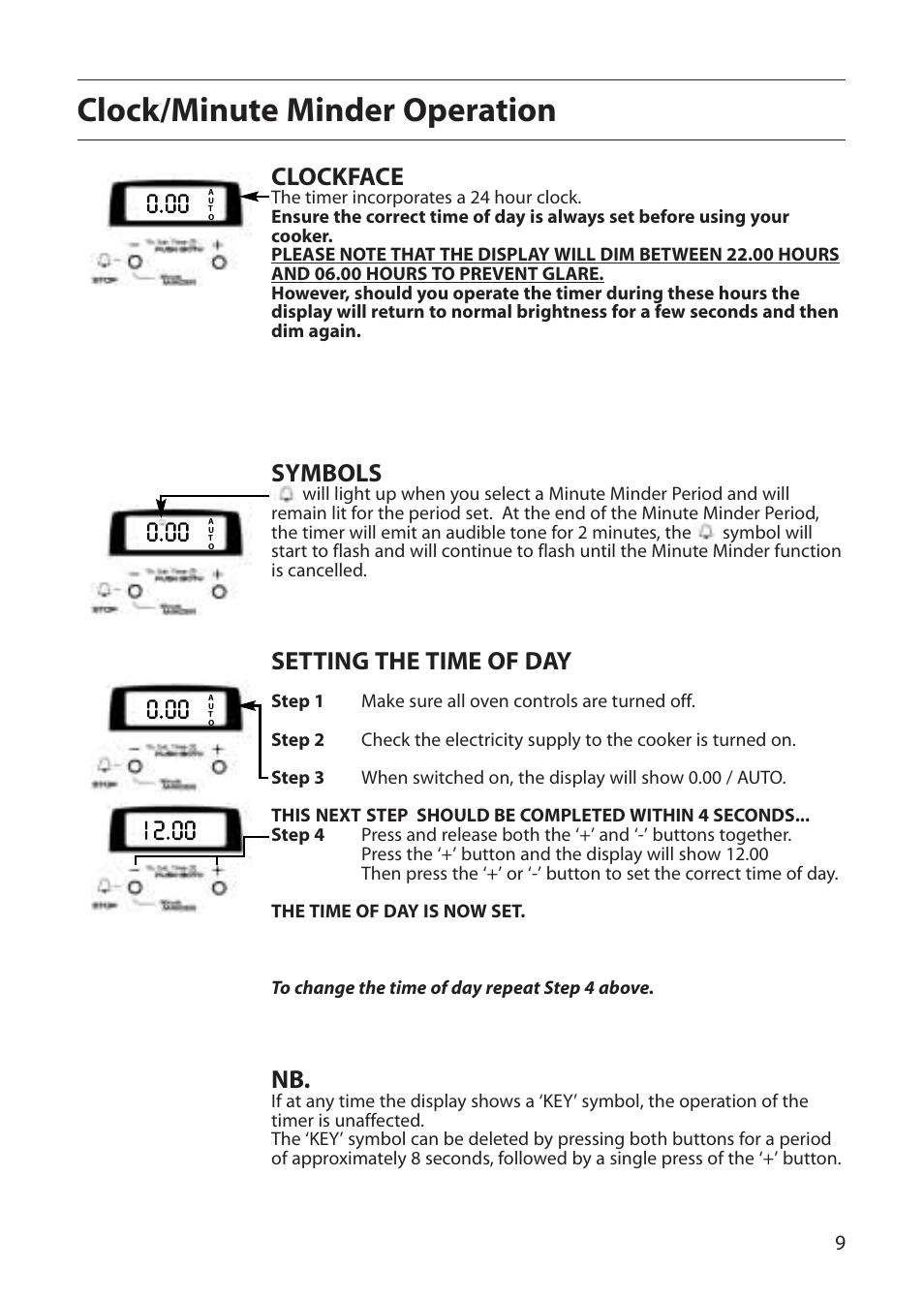 Clock/minute minder operation, Clockface, Symbols | Setting the time of day | Creda D130E User Manual | Page 9 / 32
