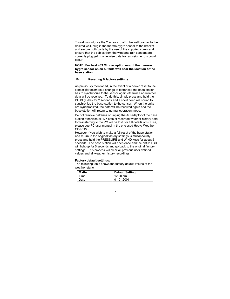 Resetting & factory settings, Factory default settings | La Crosse Technology WS-2317 User Manual | Page 16 / 43