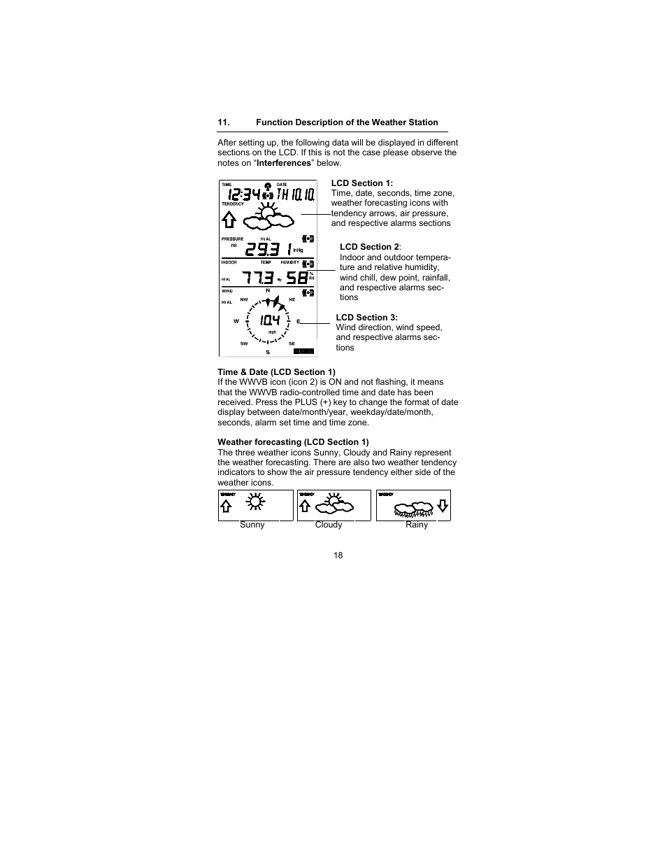 Function description of the weather station, Time & date (lcd section 1), Weather forecasting (lcd section 1) | La Crosse Technology WS-2317 User Manual | Page 18 / 43
