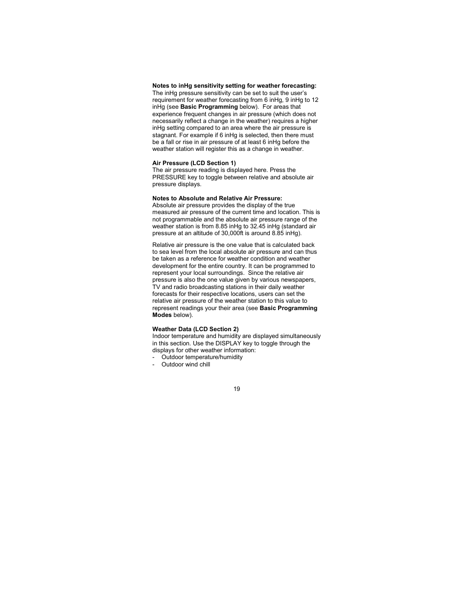 Air pressure (lcd section 1), Weather data (lcd section 2) | La Crosse Technology WS-2317 User Manual | Page 19 / 43
