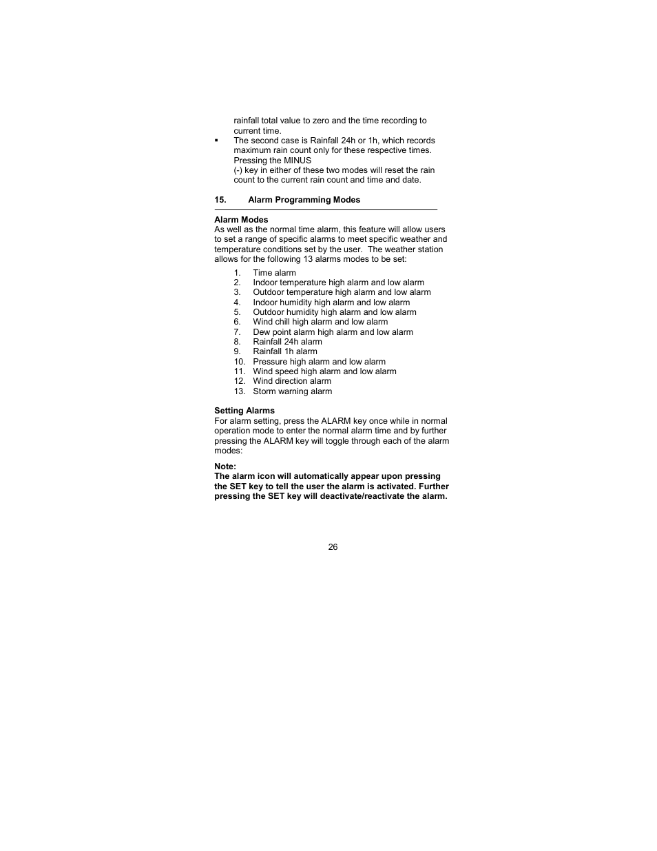 Alarm programming modes, Alarm modes, Setting alarms | La Crosse Technology WS-2317 User Manual | Page 26 / 43