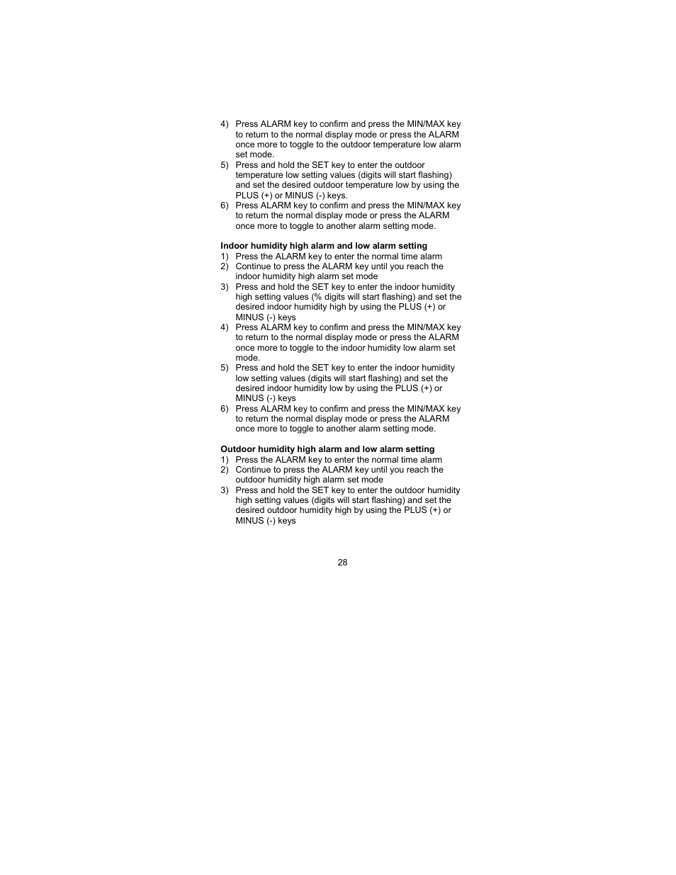 Indoor humidity high and low alarm setting, Outdoor humidity high and low alarm setting | La Crosse Technology WS-2317 User Manual | Page 28 / 43