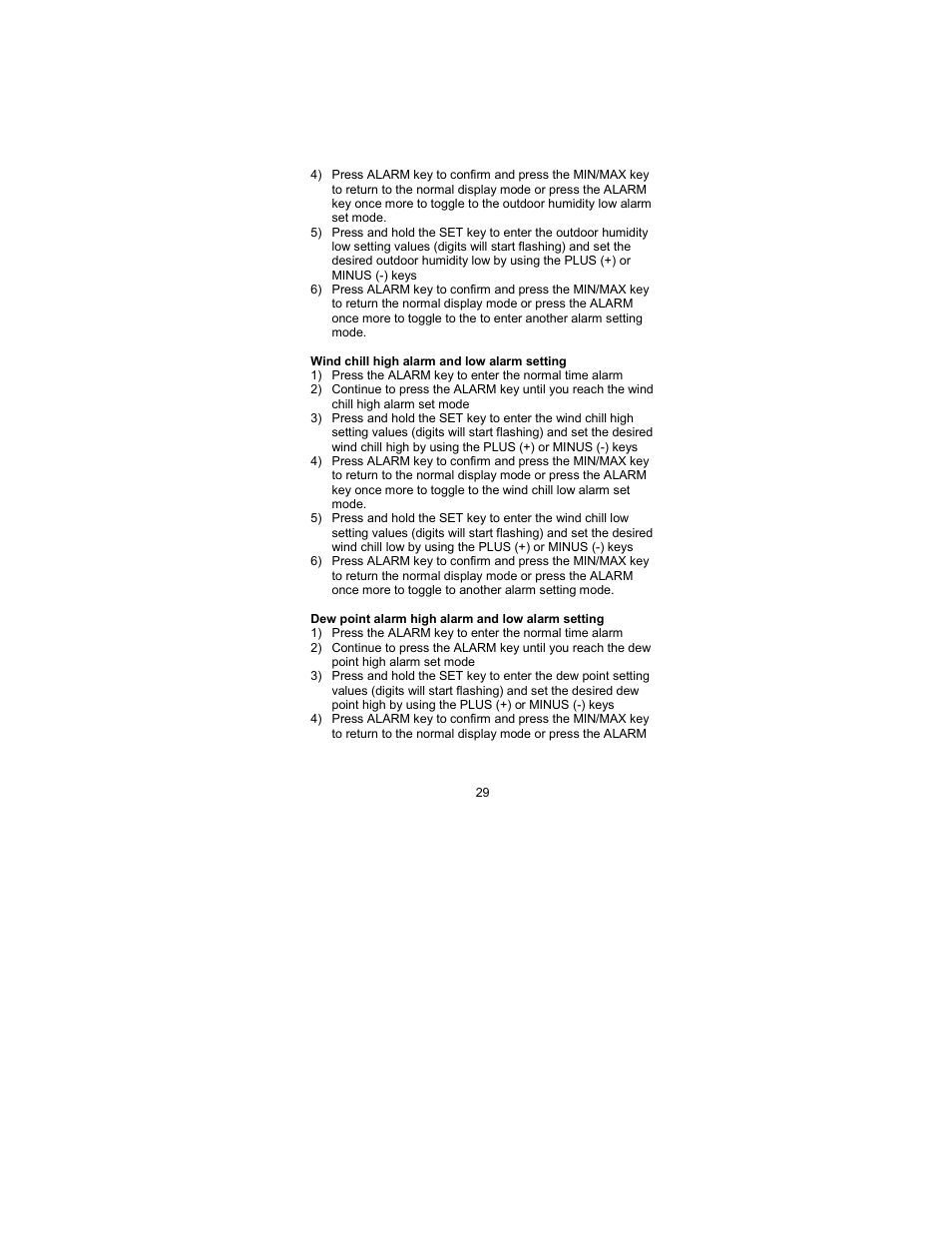 Wind chill high and low alarm setting, Dew point high and low alarm setting | La Crosse Technology WS-2317 User Manual | Page 29 / 43