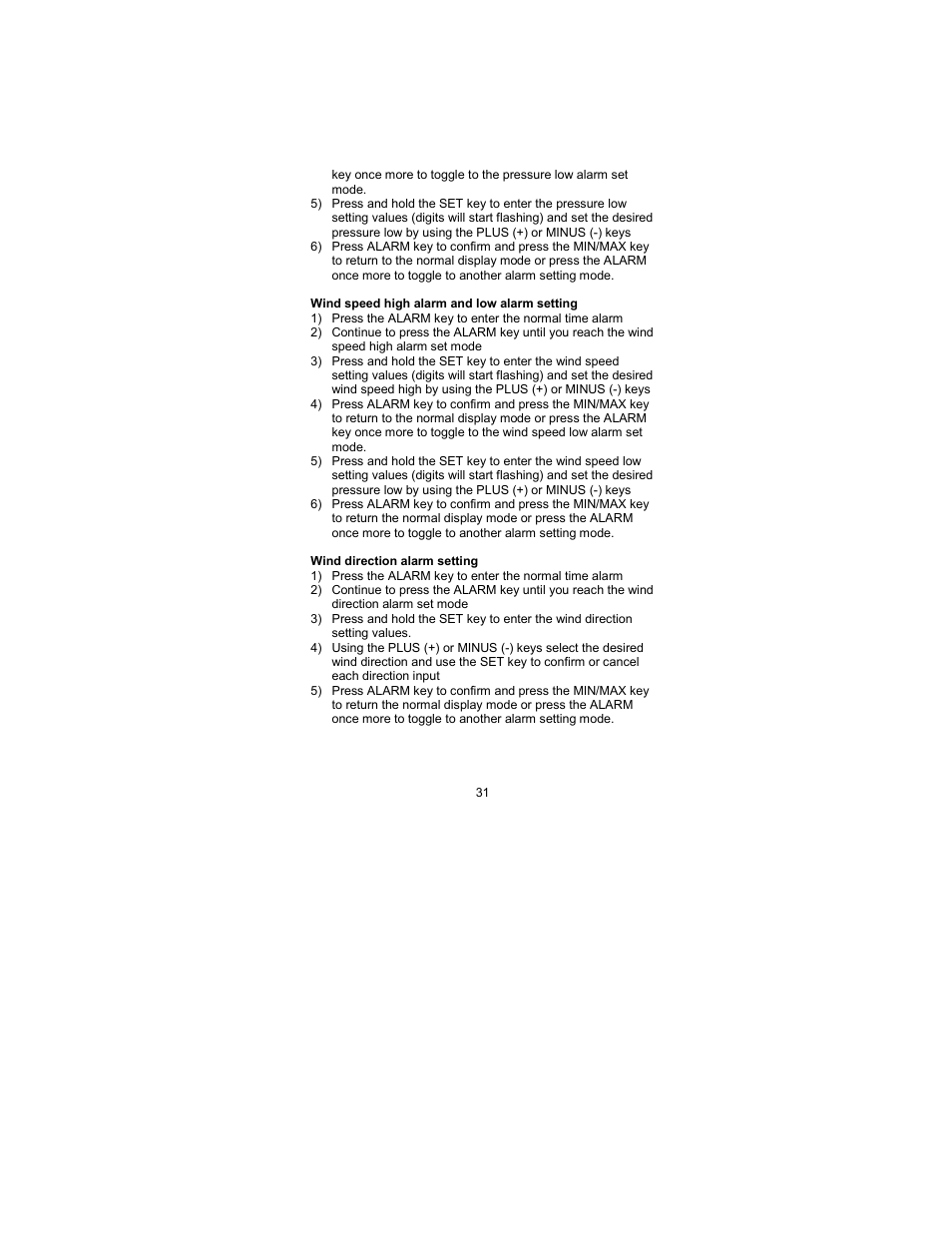 Wind speed high and low alarm setting, Wind direction alarm setting | La Crosse Technology WS-2317 User Manual | Page 31 / 43