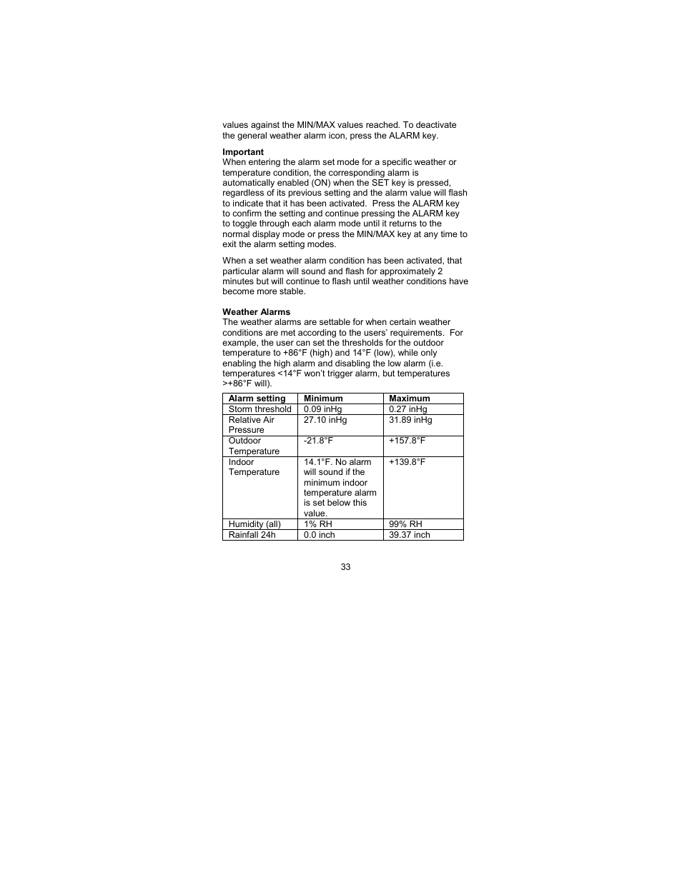 Weather alarms | La Crosse Technology WS-2317 User Manual | Page 33 / 43