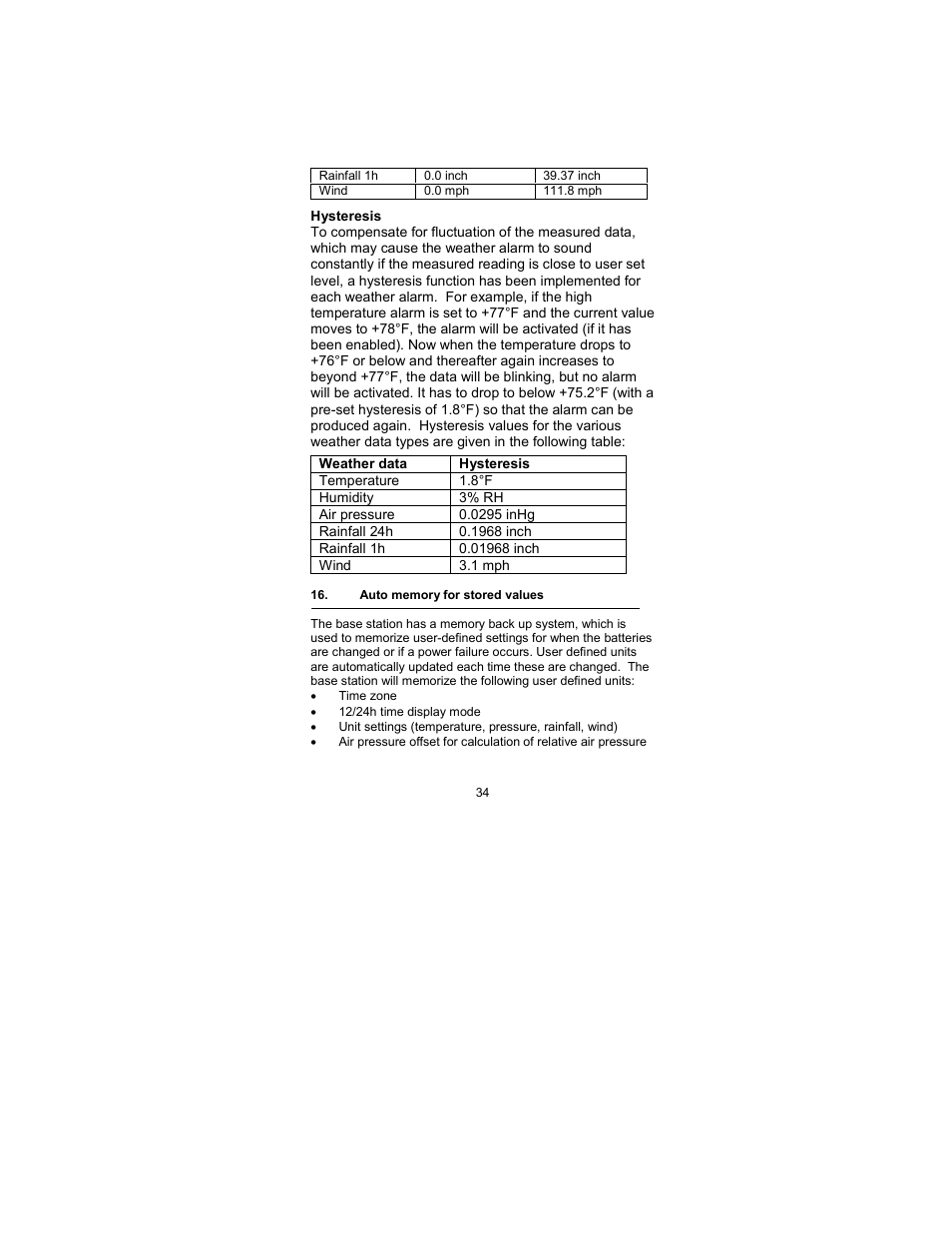 Hysteresis, Auto memory for stored values | La Crosse Technology WS-2317 User Manual | Page 34 / 43