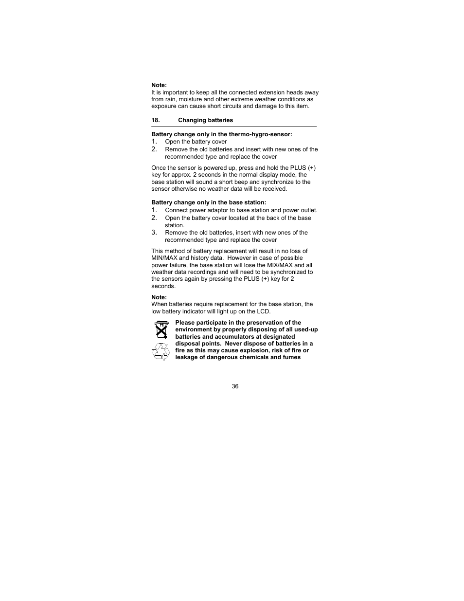 Changing batteries, Thermo-hygro sensor, Base station | La Crosse Technology WS-2317 User Manual | Page 36 / 43