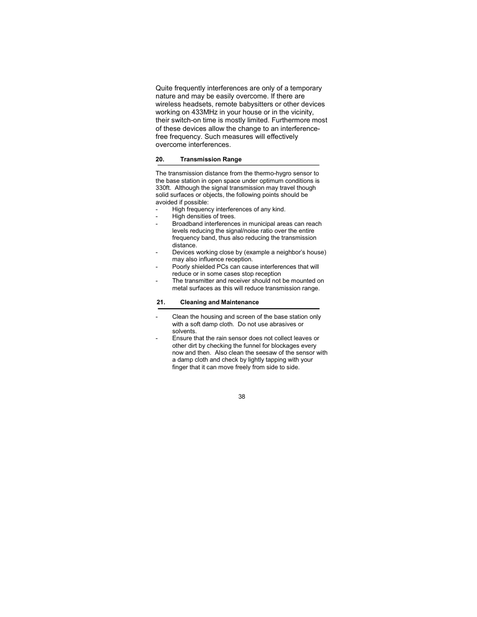 Transmission range, Cleaning & maintenance | La Crosse Technology WS-2317 User Manual | Page 38 / 43