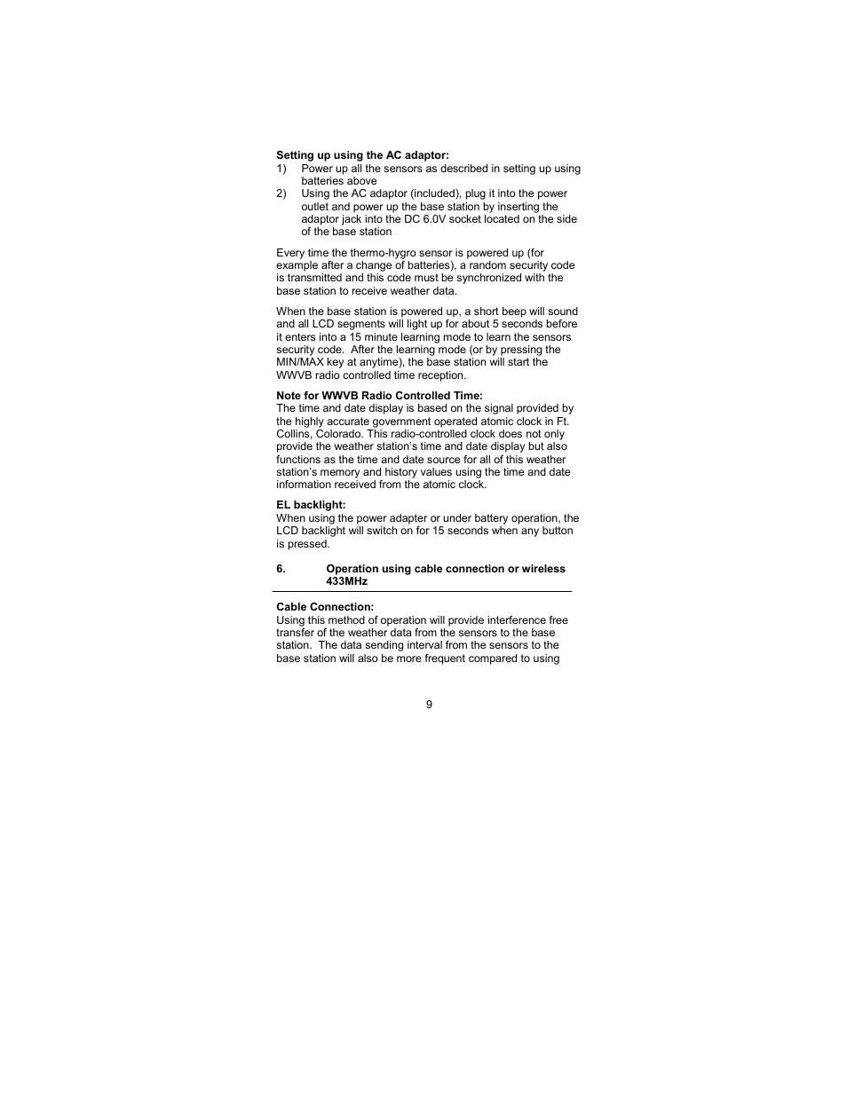 Using ac adaptor, Wwvb radio-controlled time, El backlight | Operation using cable connection | La Crosse Technology WS-2317 User Manual | Page 9 / 43