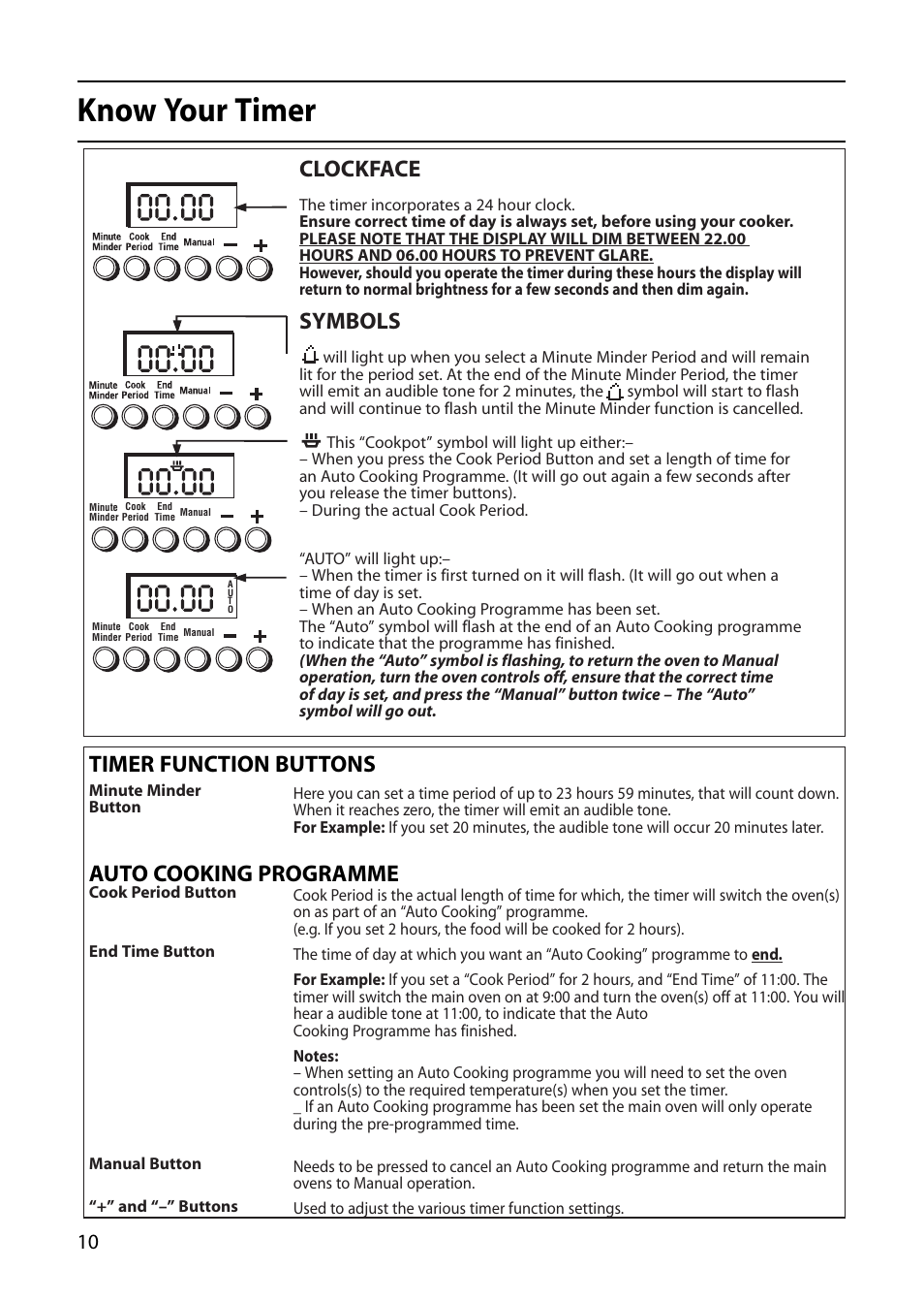 Know your timer, Clockface, Symbols | Timer function buttons auto cooking programme | Creda R430E User Manual | Page 10 / 40