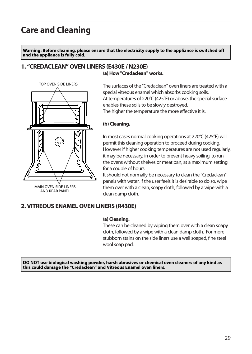 Care and cleaning, Vitreous enamel oven liners (r430e) | Creda R430E User Manual | Page 29 / 40