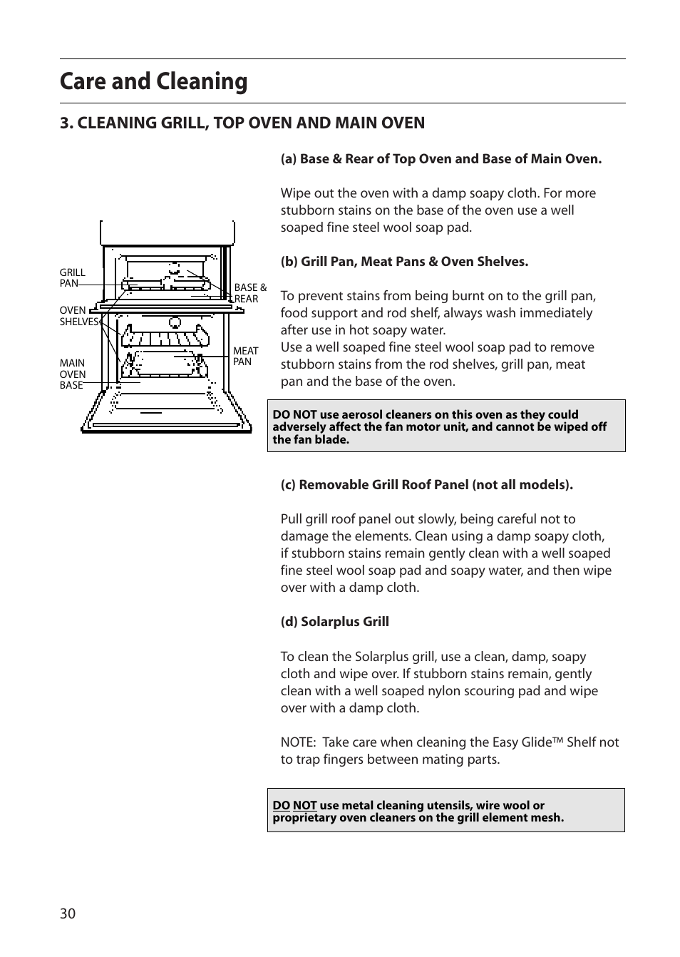 Care and cleaning, Cleaning grill, top oven and main oven | Creda R430E User Manual | Page 30 / 40