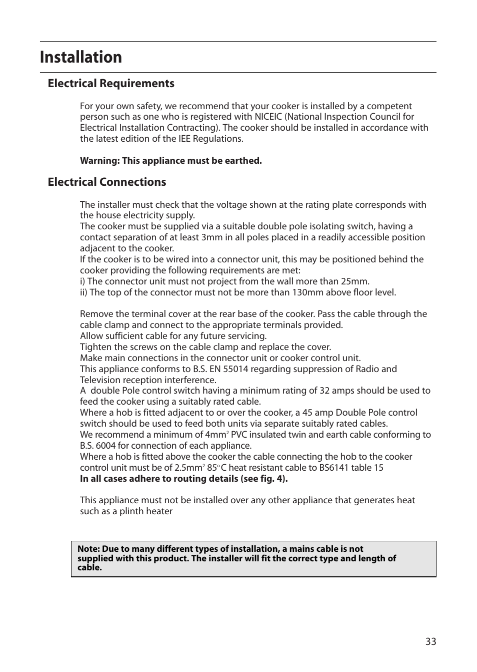 Installation, Electrical requirements, Electrical connections | Creda R430E User Manual | Page 33 / 40