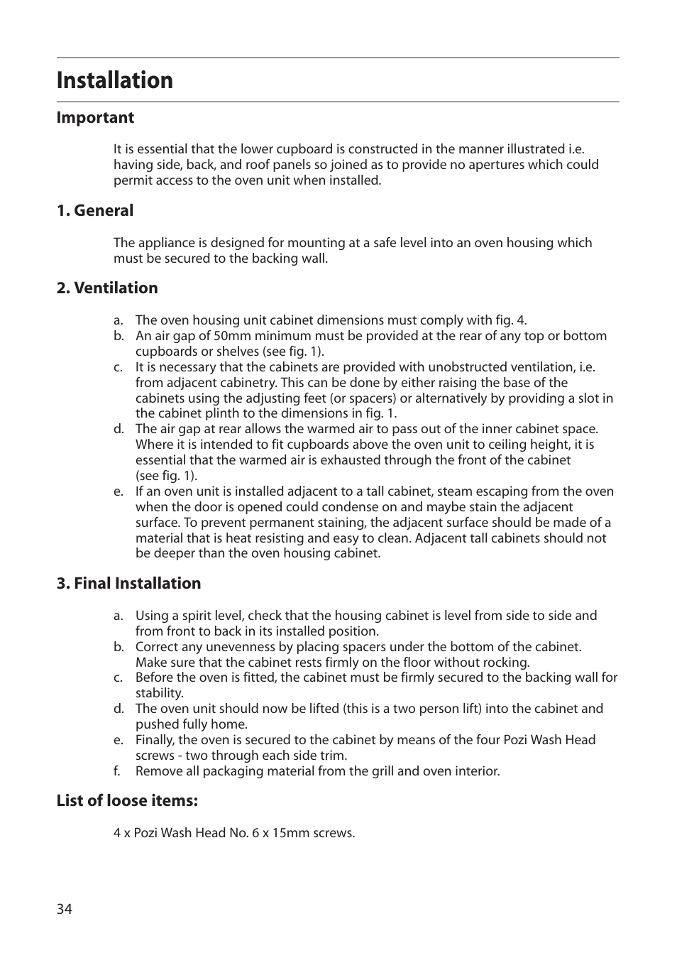 Installation, Important, General | Ventilation, Final installation, List of loose items | Creda R430E User Manual | Page 34 / 40