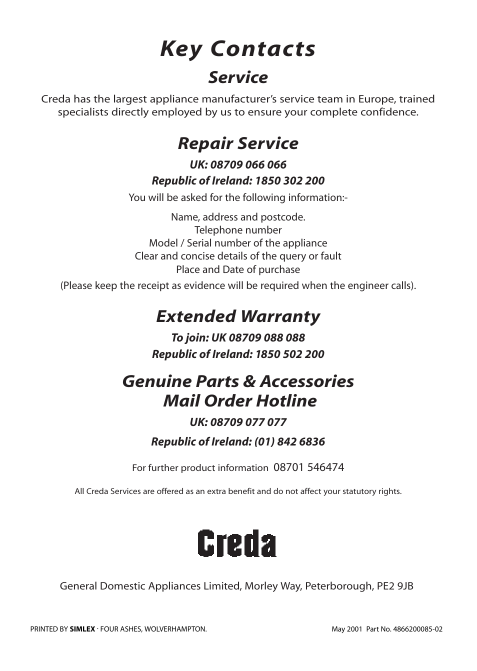 Key contacts, Service, Repair service | Extended warranty, Genuine parts & accessories mail order hotline | Creda R430E User Manual | Page 40 / 40