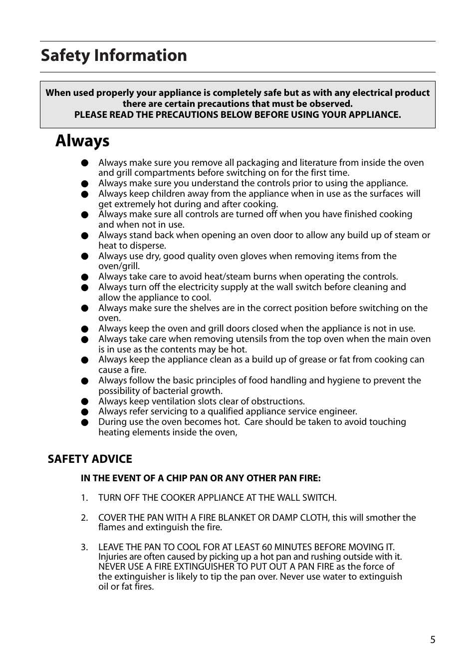 Safety information, Always, Safety advice | Creda R430E User Manual | Page 5 / 40