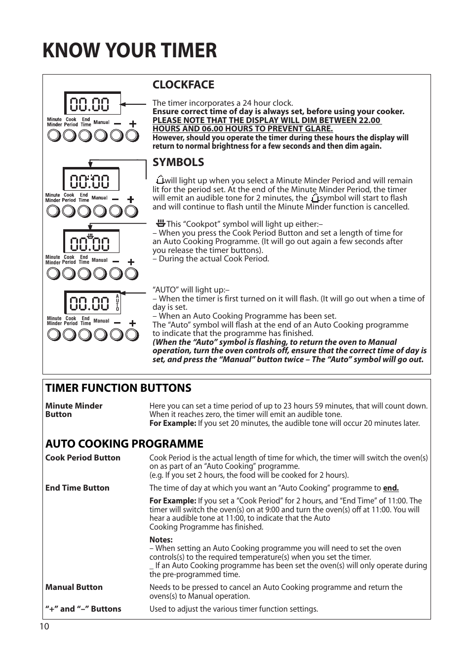 Know your timer, Clockface, Symbols | Timer function buttons auto cooking programme | Creda Single Oven User Manual | Page 10 / 36