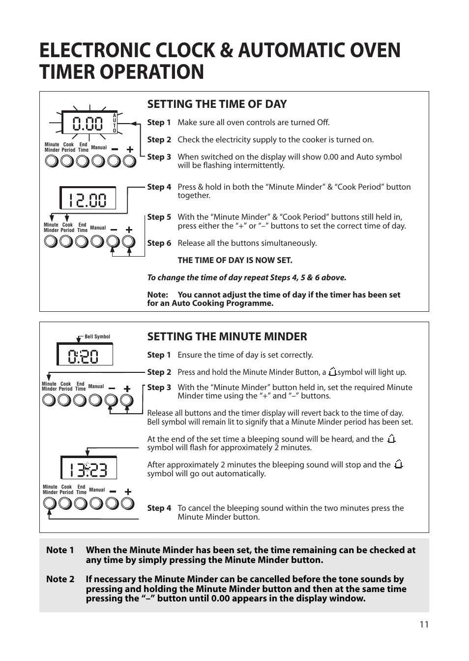 Electronic clock & automatic oven timer operation, Setting the time of day, Setting the minute minder | Creda Single Oven User Manual | Page 11 / 36