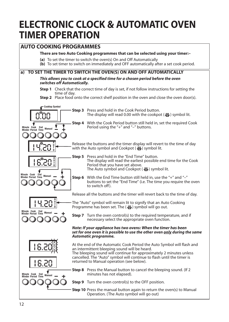 Electronic clock & automatic oven timer operation, Auto cooking programmes | Creda Single Oven User Manual | Page 12 / 36