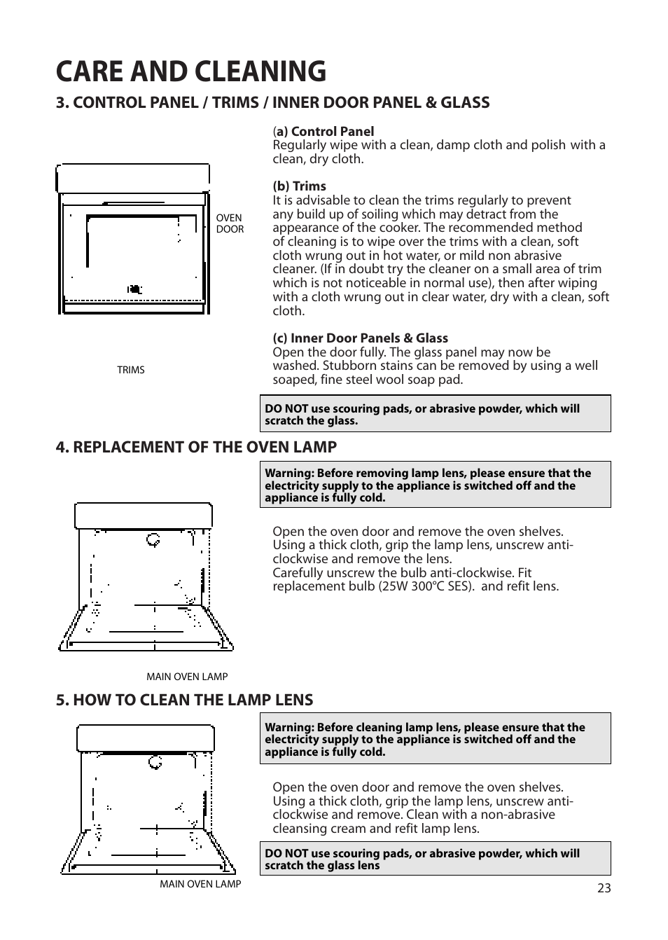 Care and cleaning, Control panel / trims / inner door panel & glass, Replacement of the oven lamp | How to clean the lamp lens | Creda Single Oven User Manual | Page 23 / 36