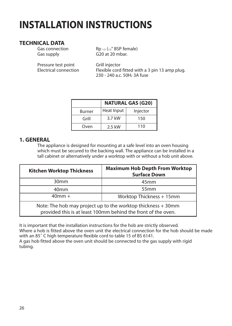 Installation instructions, Technical data, General | Creda Single Oven User Manual | Page 26 / 36