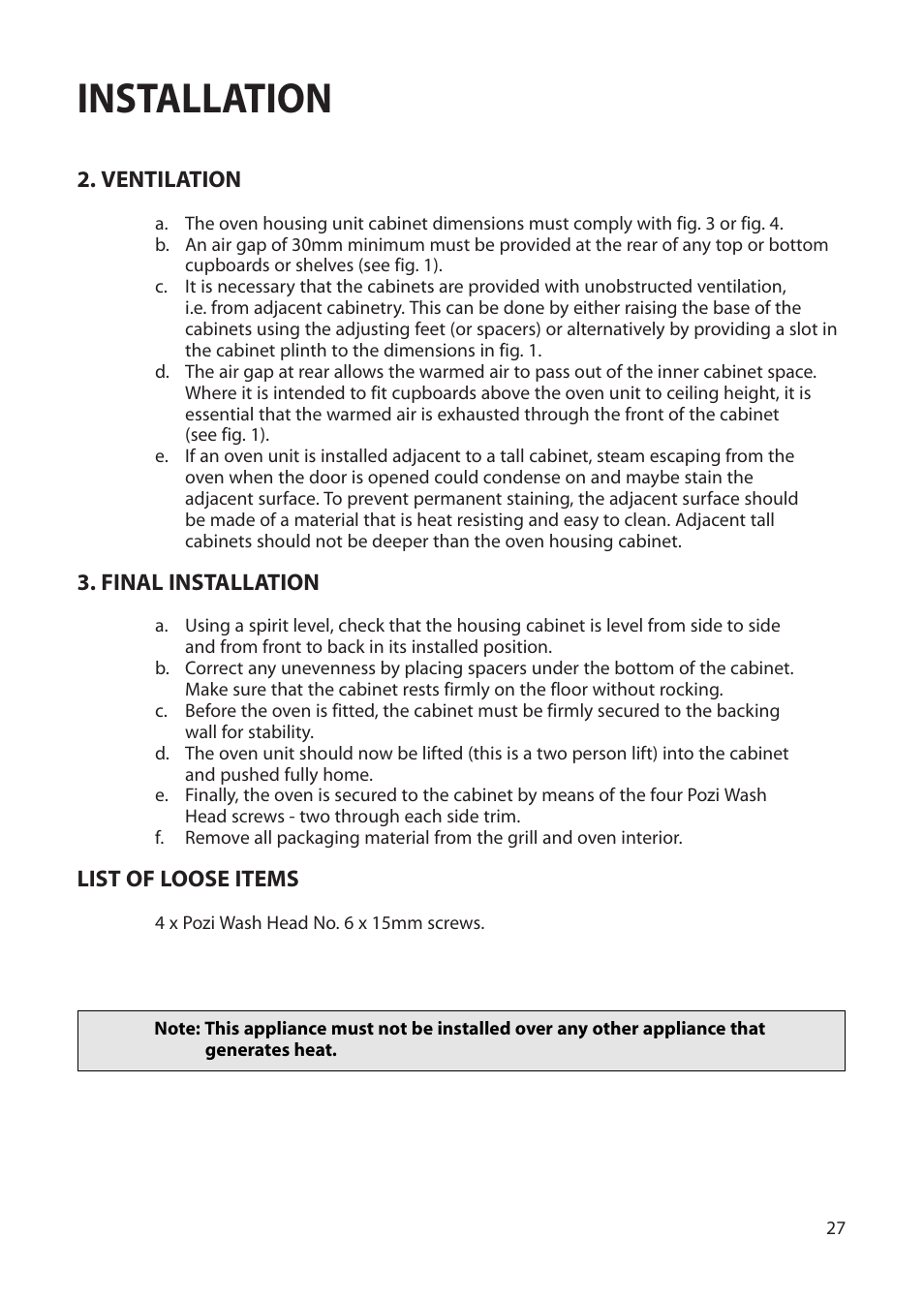 Installation, Ventilation, Final installation | List of loose items | Creda Single Oven User Manual | Page 27 / 36