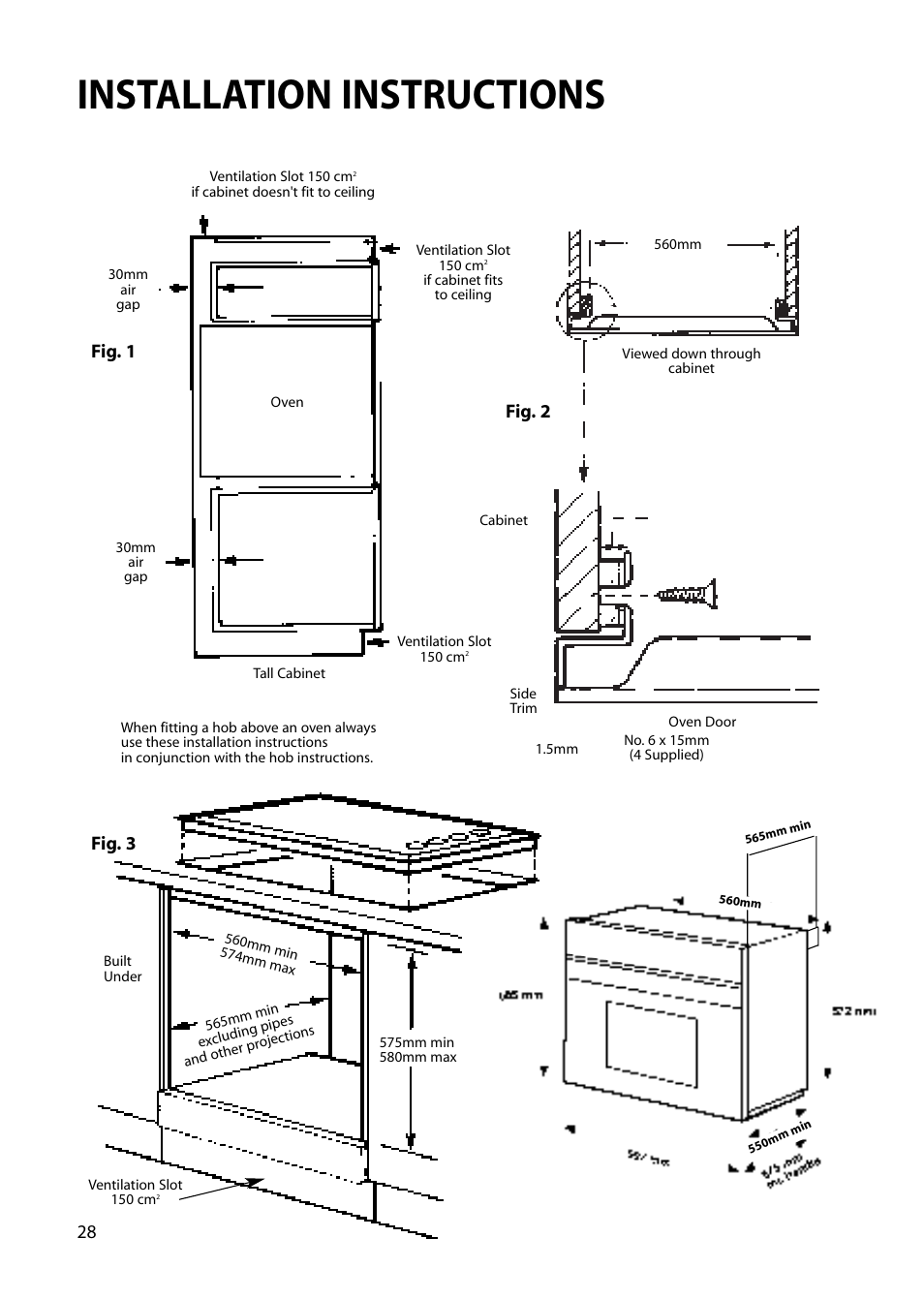 Installation instructions, Fig. 1 fig. 3 fig. 2 | Creda Single Oven User Manual | Page 28 / 36