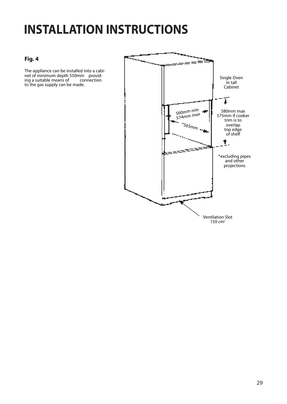 Installation instructions | Creda Single Oven User Manual | Page 29 / 36