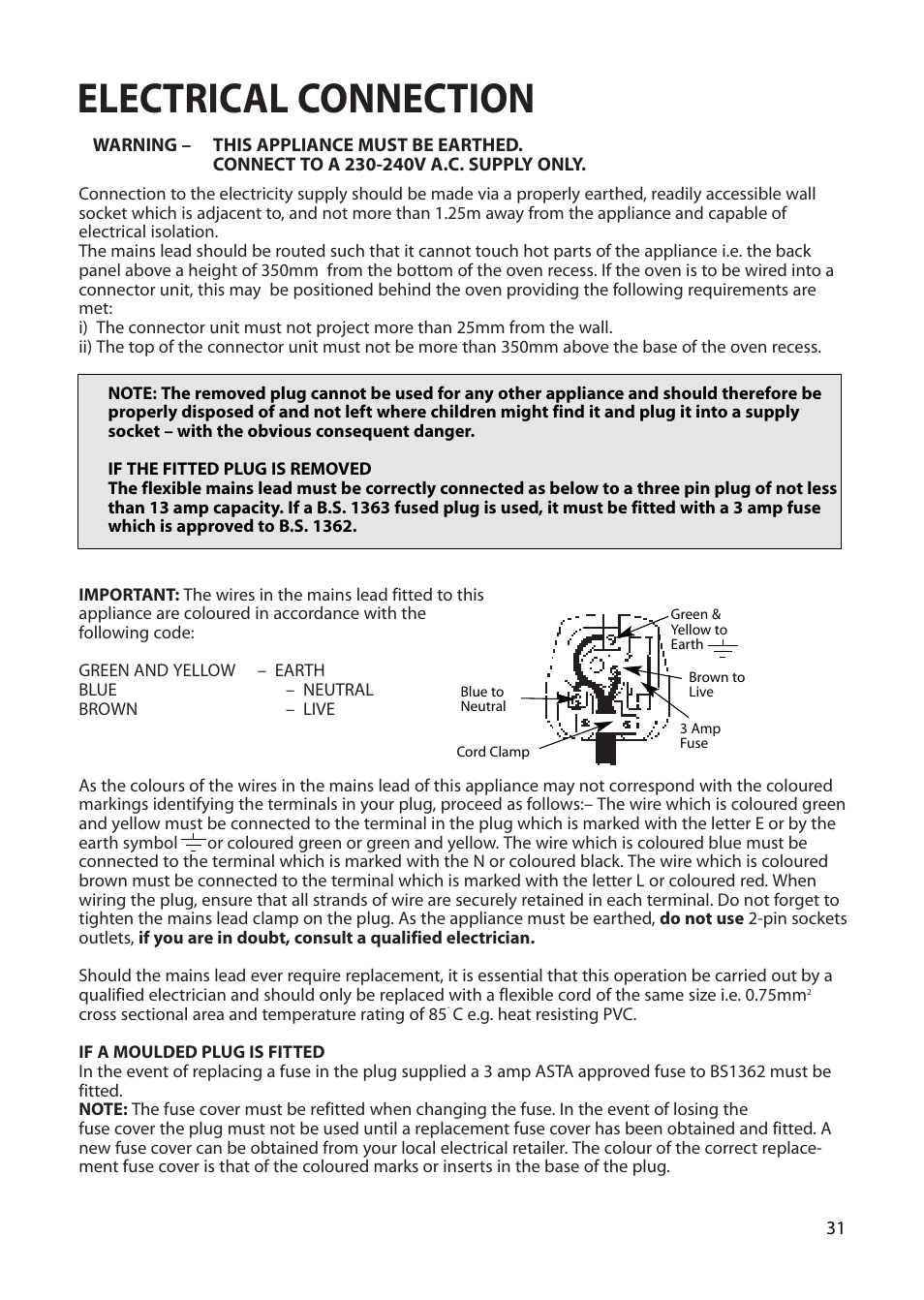 Electrical connection | Creda Single Oven User Manual | Page 31 / 36