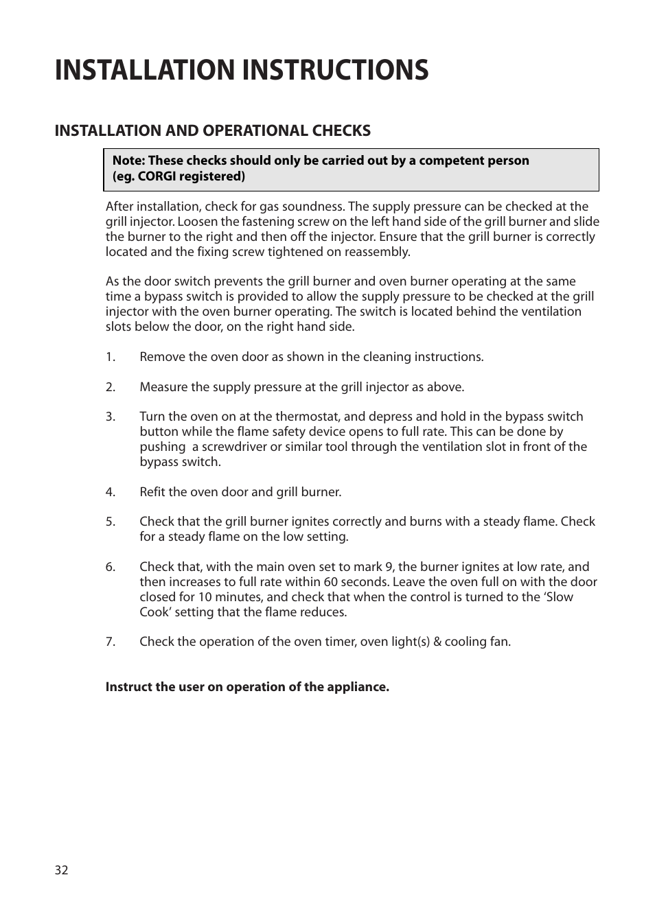 Installation instructions, Installation and operational checks | Creda Single Oven User Manual | Page 32 / 36