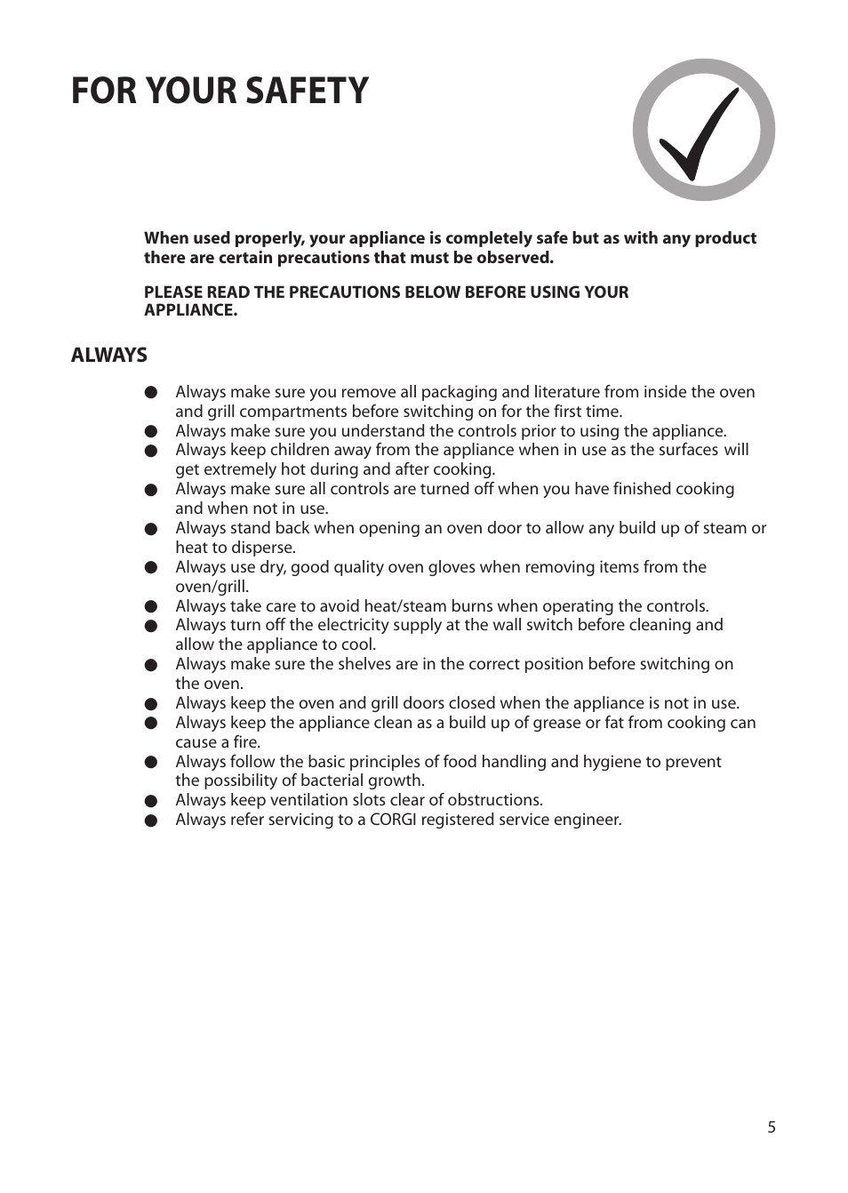 For your safety, Always | Creda Single Oven User Manual | Page 5 / 36