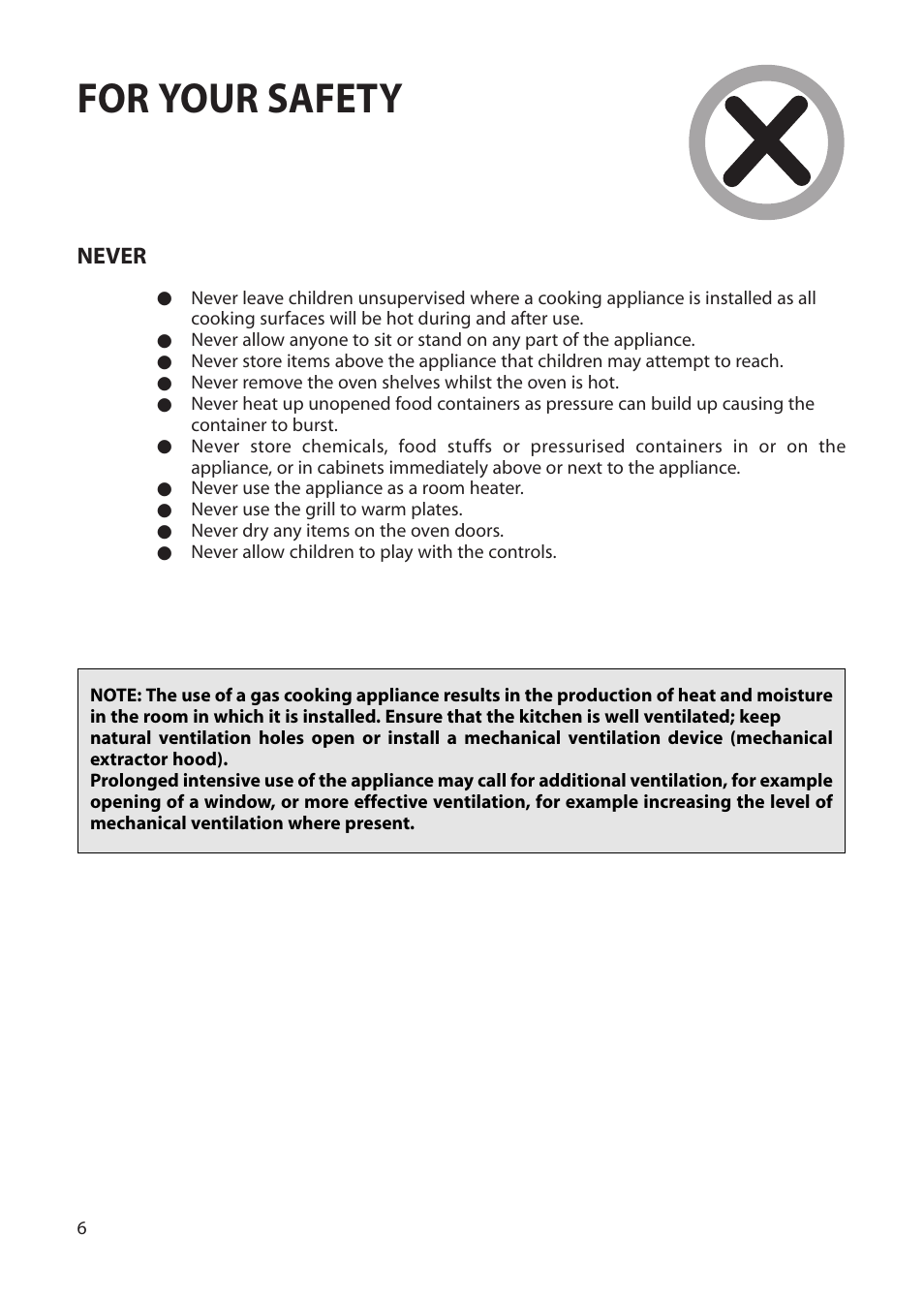 For your safety, Never | Creda Single Oven User Manual | Page 6 / 36