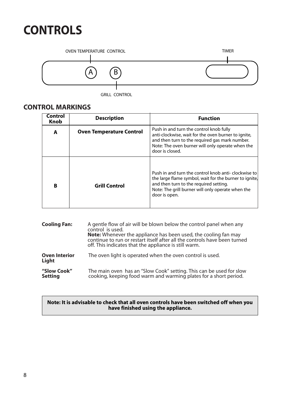 Controls, Control markings | Creda Single Oven User Manual | Page 8 / 36