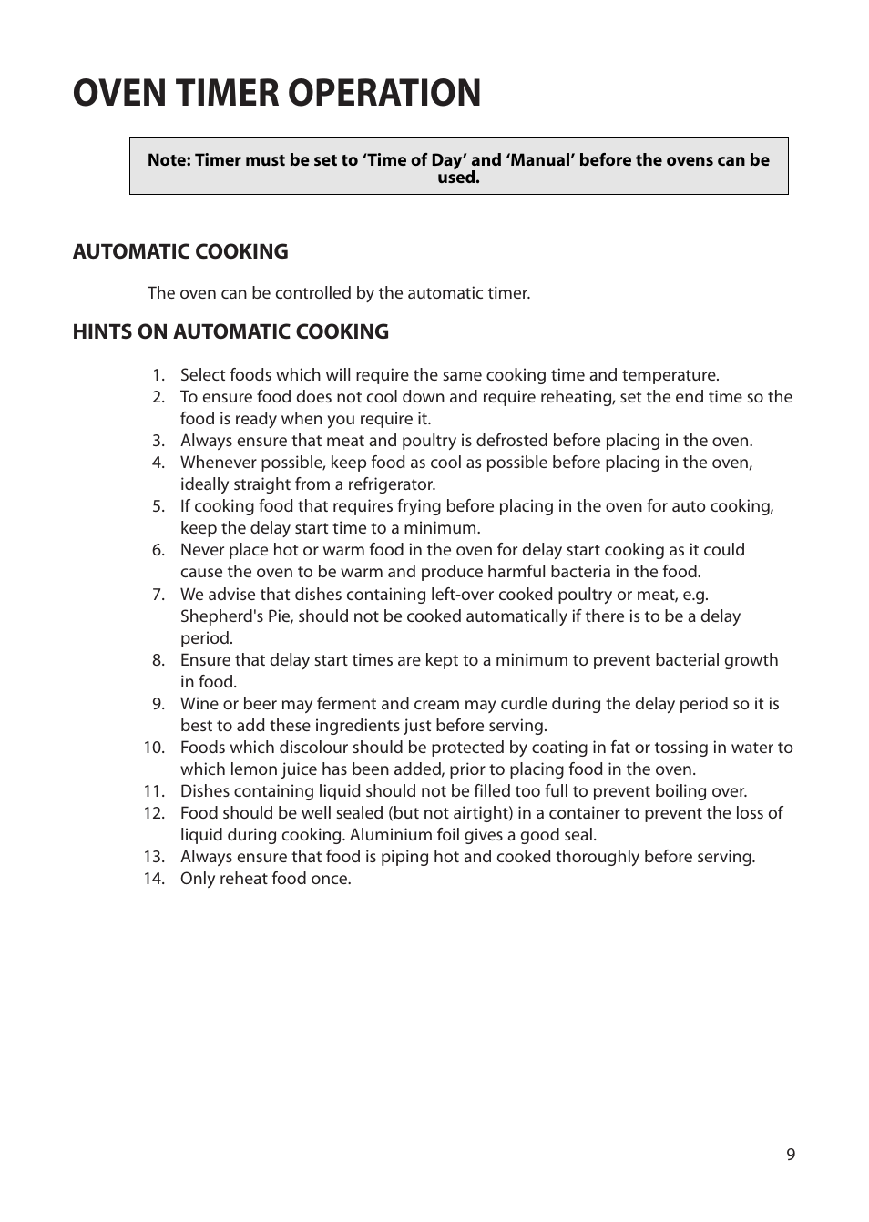 Oven timer operation, Automatic cooking, Hints on automatic cooking | Creda Single Oven User Manual | Page 9 / 36